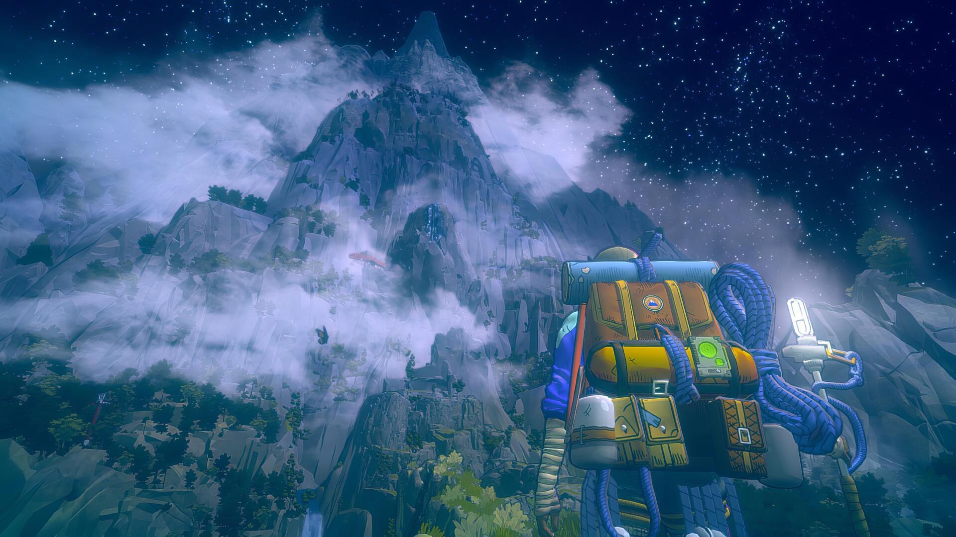 Video game scene from Cairn: backpacked explorer gazes at a towering, mist-wreathed mountain under a starry sky — 2K Quad HD PC desktop wallpaper and background.