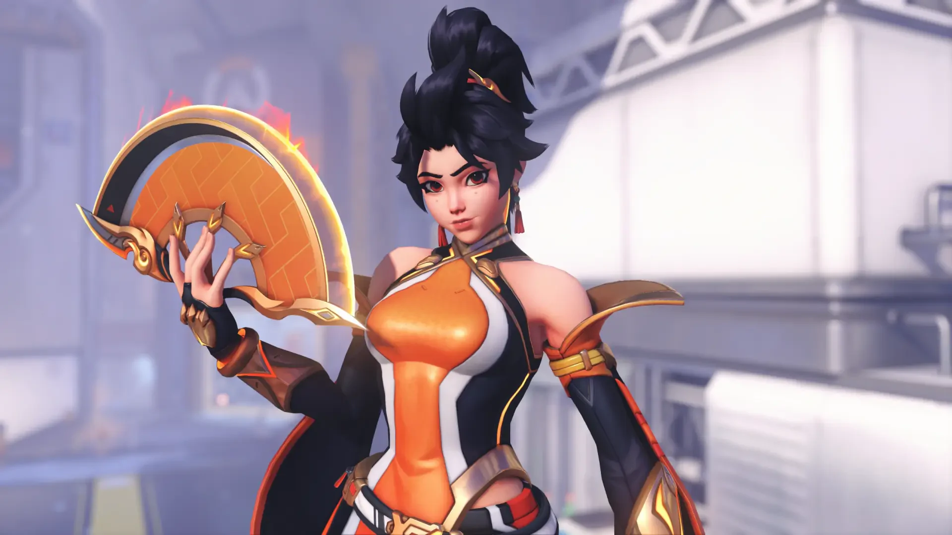 Anran (Overwatch) in orange-black combat suit holding a golden disc against a blurred arena — FPS Overwatch 2K Quad HD PC desktop wallpaper and background.