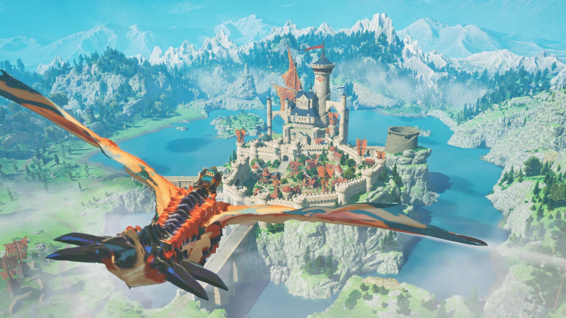 HD PC desktop wallpaper: Monster Hunter Stories 3: Twisted Reflection dragon rider soars toward a seaside island castle surrounded by lakes and snowy mountains — turn-based fantasy scene.