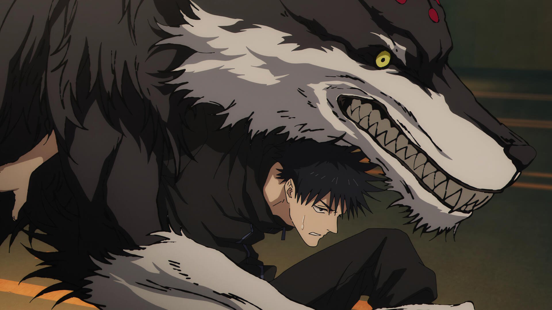 Anime Jujutsu Kaisen 4K Ultra HD PC desktop wallpaper/background: Megumi Fushiguro crouched beside a snarling shikigami wolf in a dark, moody scene.