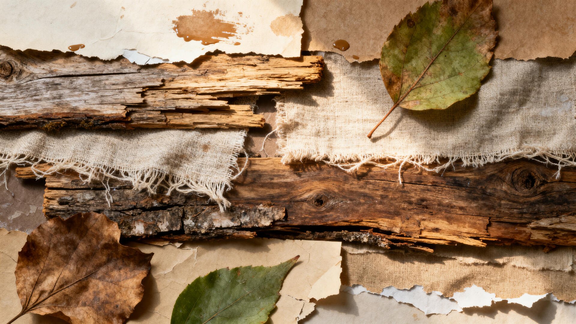 Rustic 4K Ultra HD PC Desktop Wallpaper and Background showing layered torn paper, frayed linen, weathered wood and autumn leaves in earthy browns and muted greens.