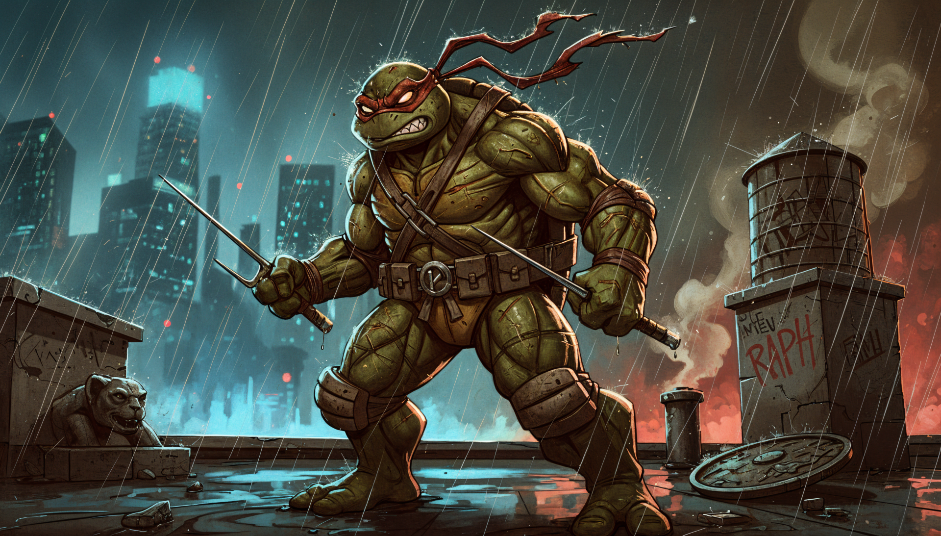 Raphael (TMNT) 4K Ultra HD PC desktop wallpaper: battle-ready Raphael on a rain-soaked rooftop, red bandana and sais drawn against a neon city skyline.