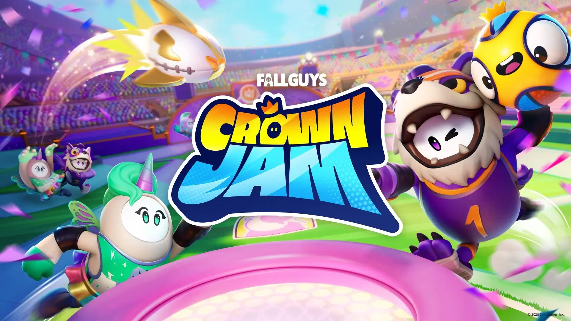 HD PC desktop wallpaper/background of the video game Fall Guys: Crown Jam — vibrant stadium with colorful bean characters racing toward the crown