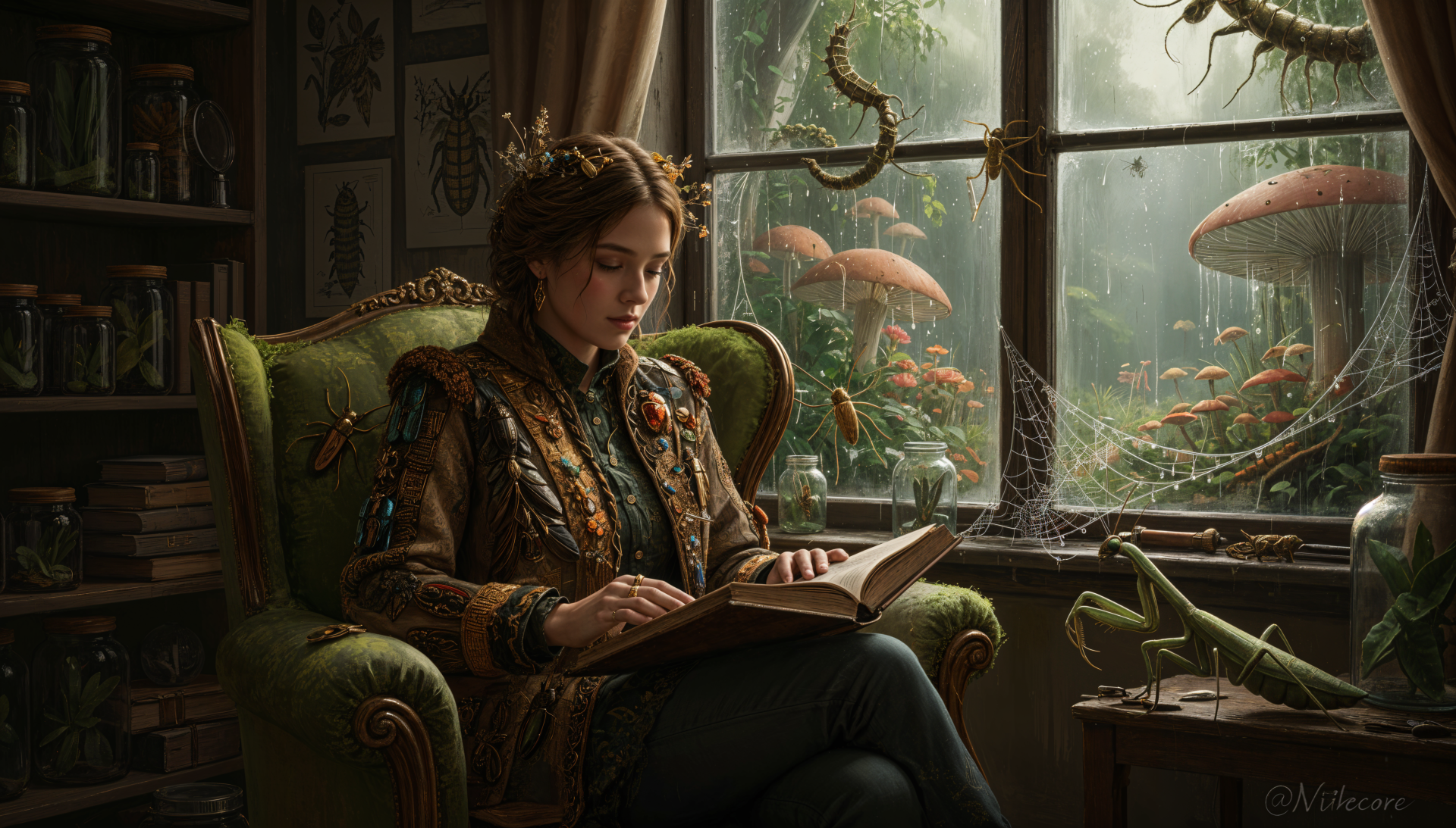 4K Ultra HD PC Desktop Wallpaper and Background — woman in embroidered coat reads in a green armchair; rain-streaked window reveals giant mushrooms and climbing vines, warm study glow.
