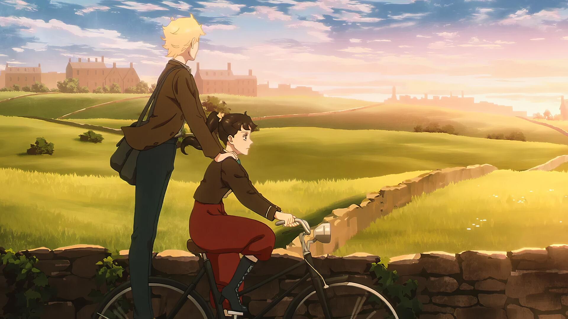 HD PC desktop wallpaper from the anime movie Love Through a Prism: two youths on one bicycle ride across sunlit rolling fields at golden hour, one standing on the rear rack.