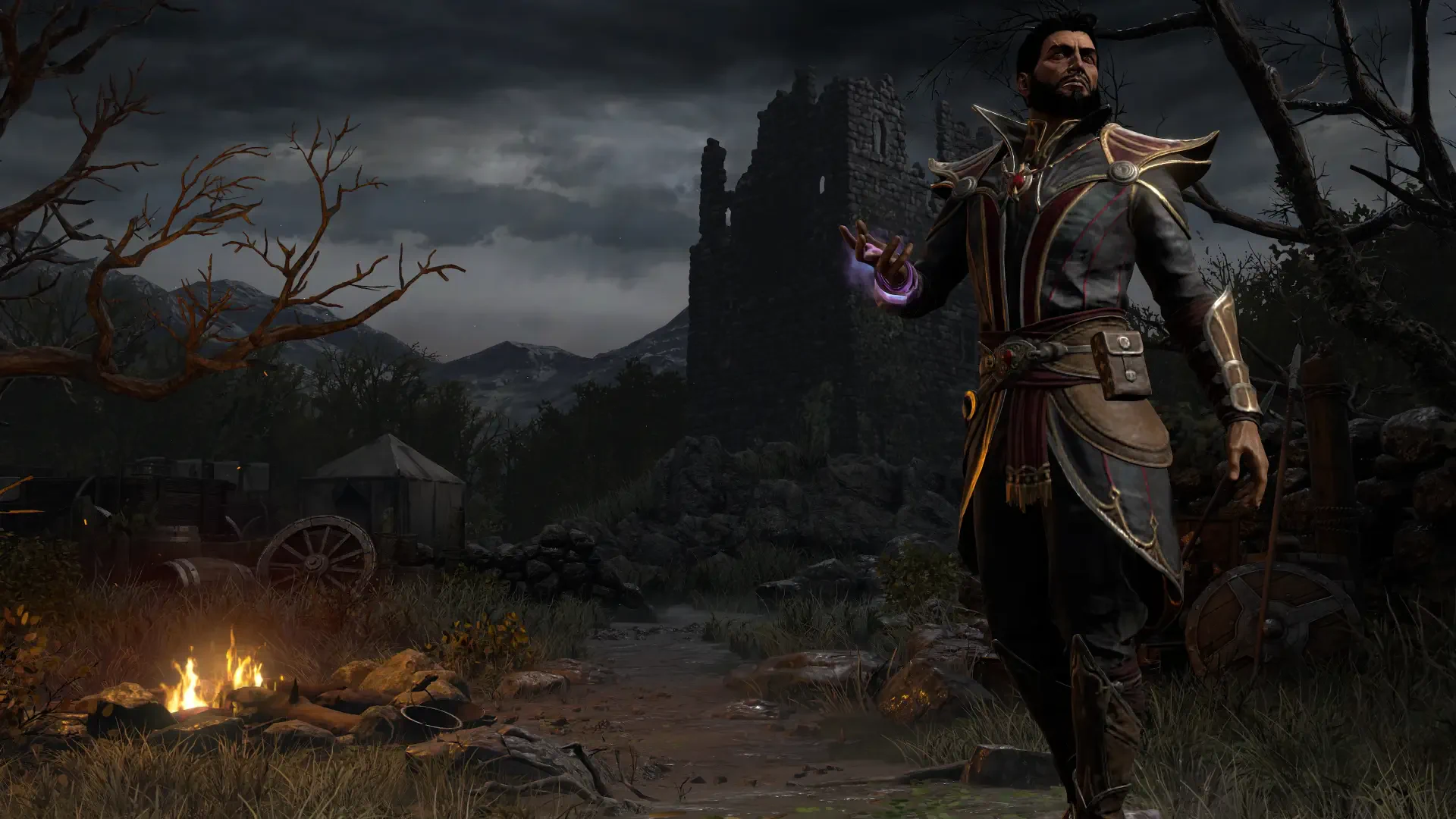 4K Ultra HD PC desktop wallpaper from the video game Diablo II: Resurrected showing a warlock in a dark ruined camp, conjuring a purple spell beside a smoldering fire and crumbling castle.