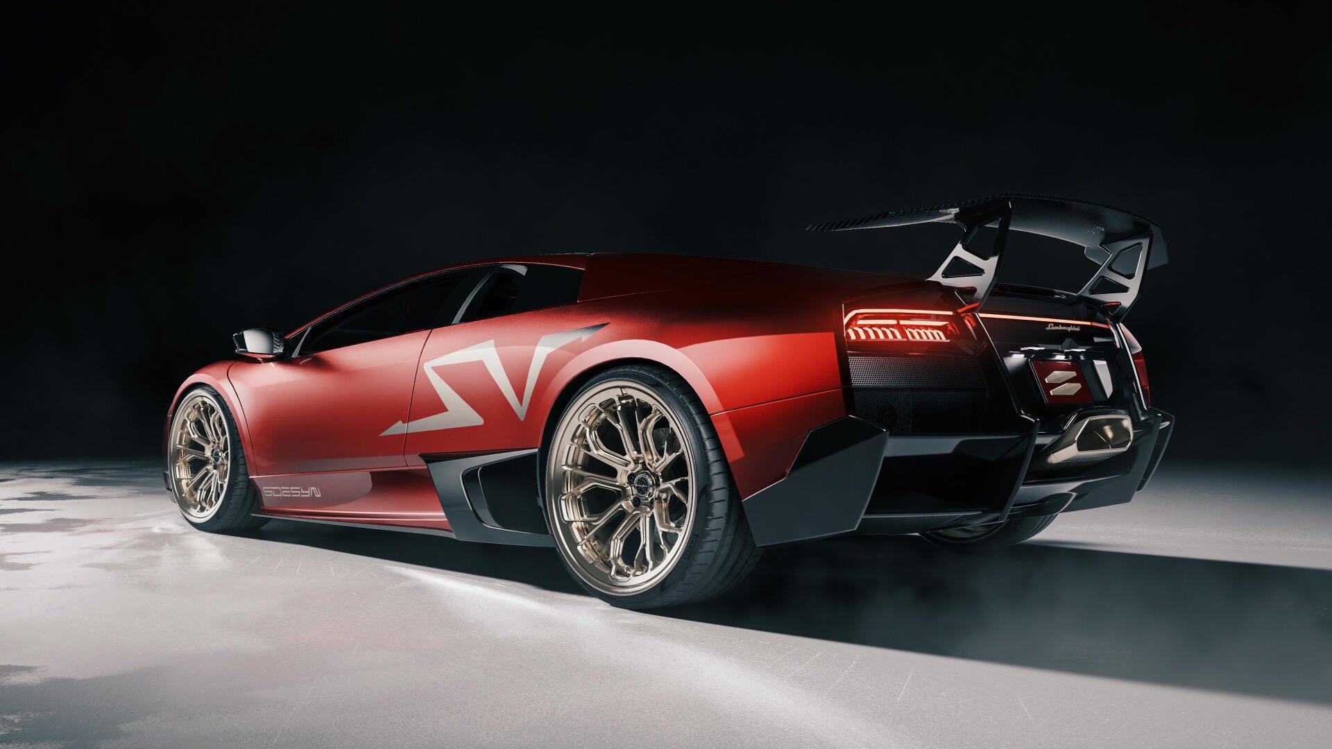 Red Lamborghini Murciélago LP670-4 SV luxury car, rear three-quarter view on a dark studio floor — 4K Ultra HD PC desktop wallpaper background.