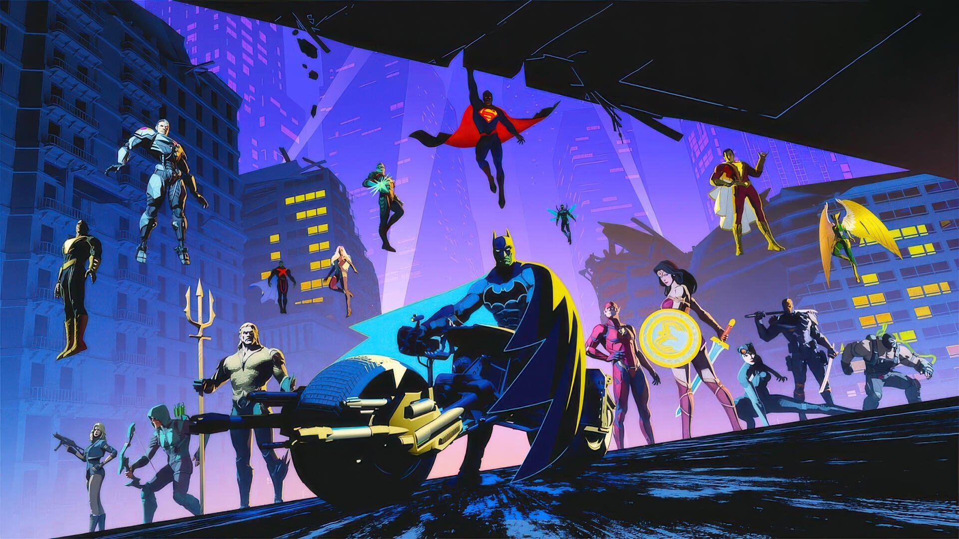 2K Quad HD PC desktop wallpaper for mobile game DC: Dark Legion: Batman in foreground leading an assembled roster of DC heroes against a neon-lit city skyline.