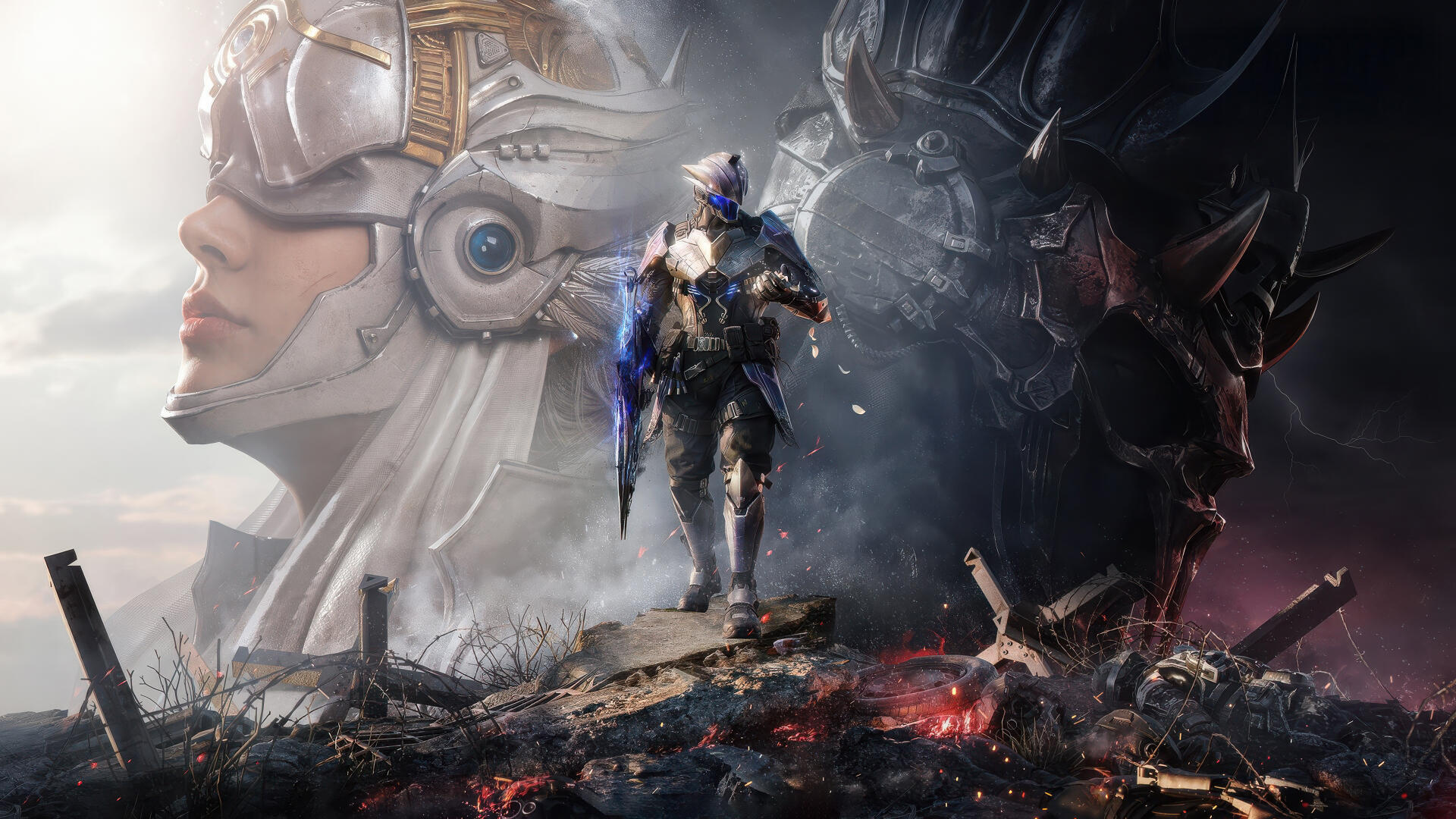 4K Ultra HD PC wallpaper/background for the mobile game Call of Duty: Mobile — armored futuristic soldier strides over a scorched battlefield with a helmeted statue and shadowy armored figure.