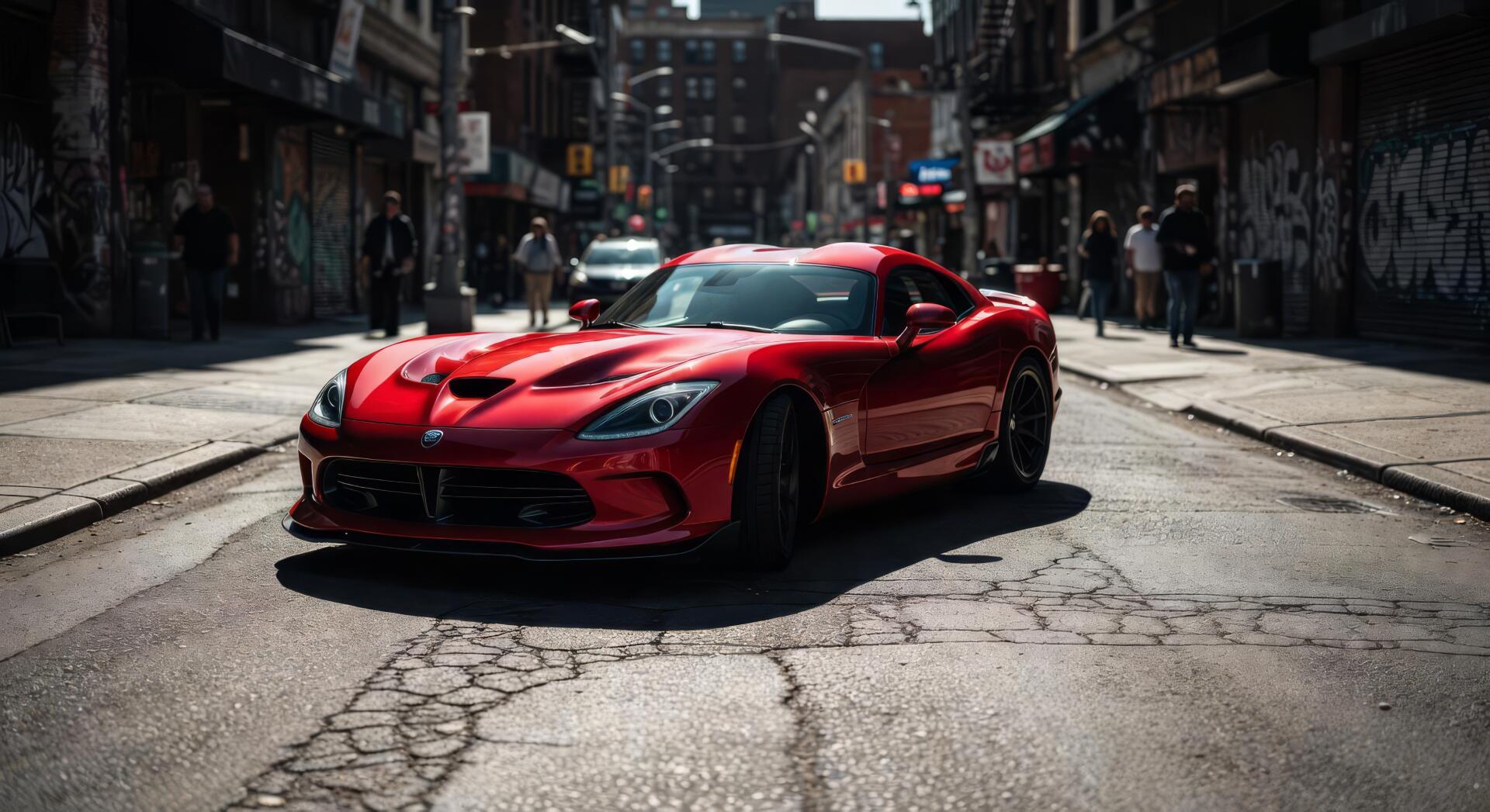 Red Dodge Viper on a sunlit, gritty city street — 5K Ultra HD PC desktop wallpaper/background.