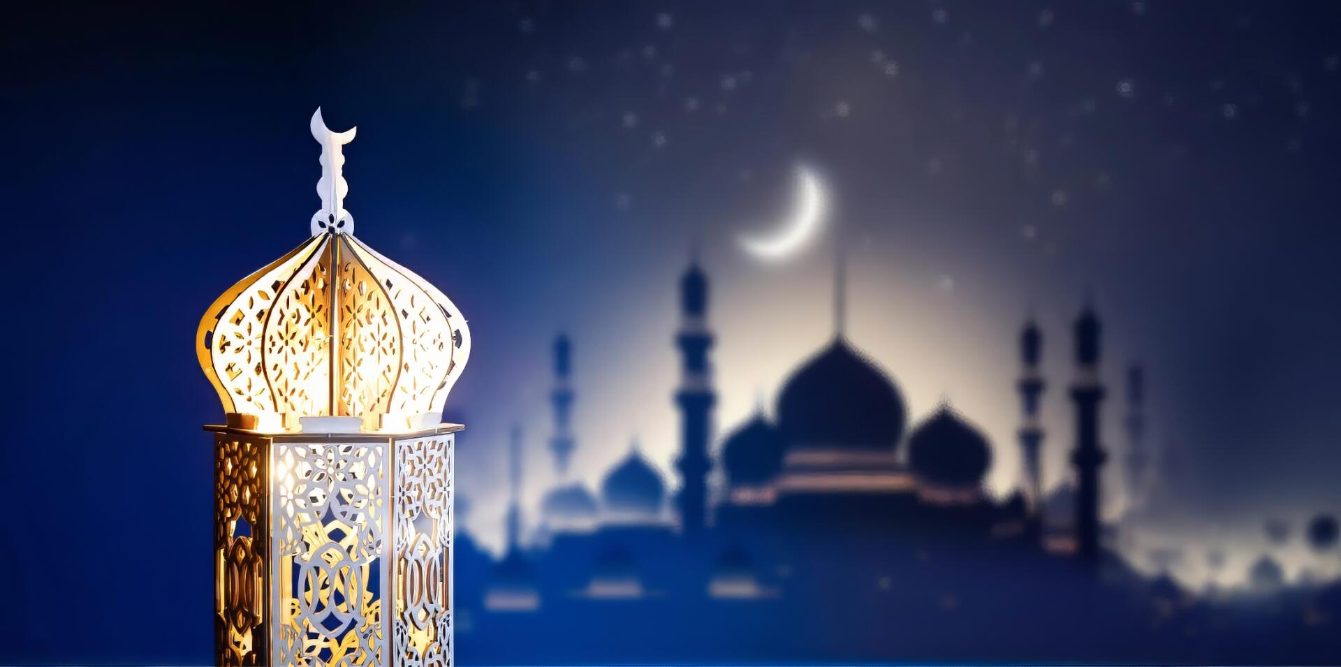 Religious Ramadan HD PC desktop wallpaper: ornate lantern and crescent moon with mosque silhouette against a blue night background.