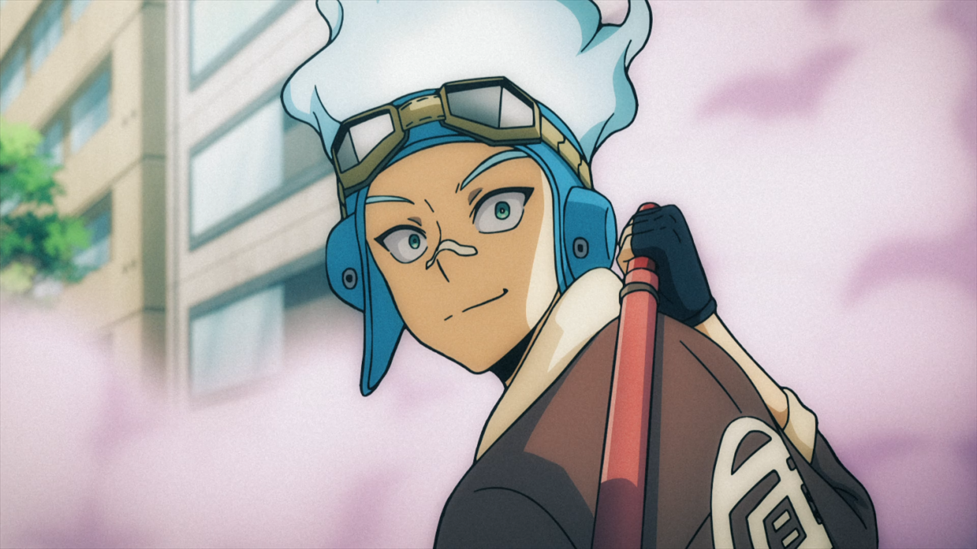 HD PC desktop wallpaper — anime image of Oboro Shirakumo from My Hero Academia: Vigilantes, blue-white hair with goggles, wearing a scarf and gloves, holding a staff against a soft city backdrop.