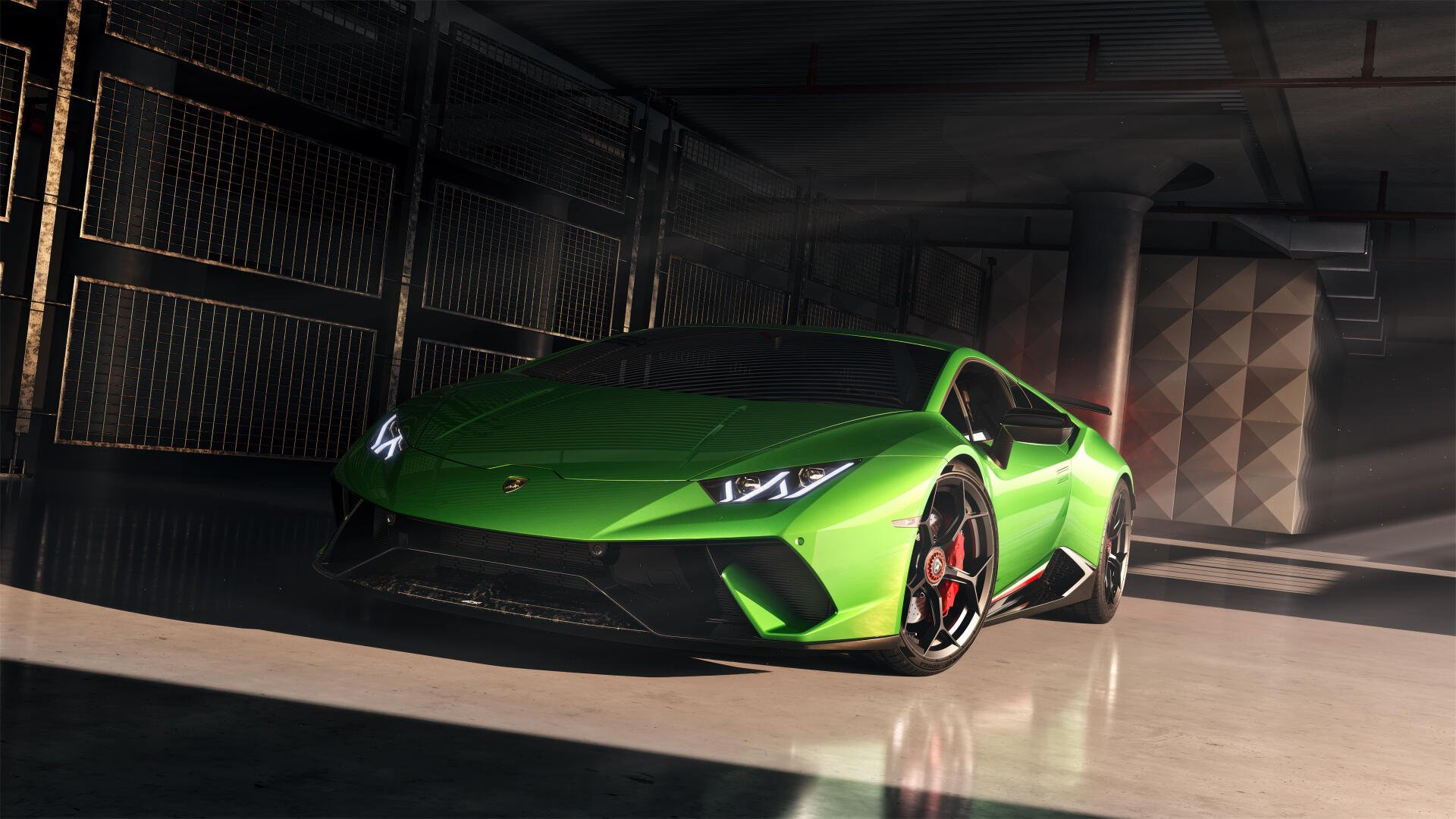 Green Lamborghini Huracán sports car parked in a sunlit garage, 5K Ultra HD PC desktop wallpaper/background image of the vehicle.