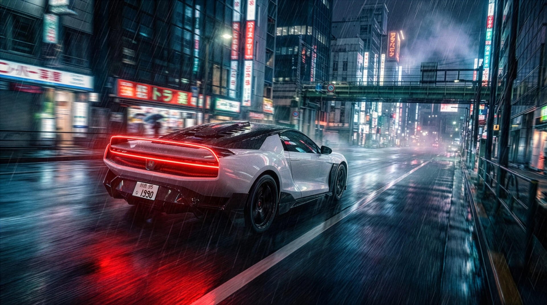 4K Ultra HD PC wallpaper: white Honda NSX racing through a neon-lit cyberpunk city at night, wet streets reflecting futuristic skyscrapers.