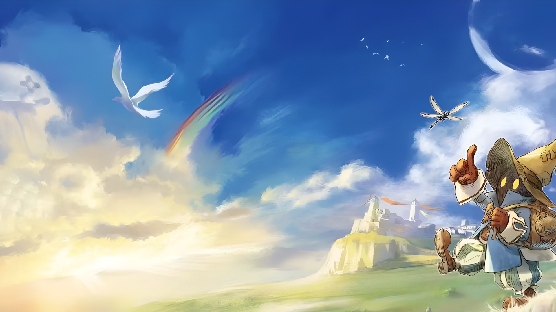 2K Quad HD PC desktop wallpaper: Final Fantasy IX video game art of Vivi Ornitier seated on a sunlit hill with birds, a rainbow and a distant castle.