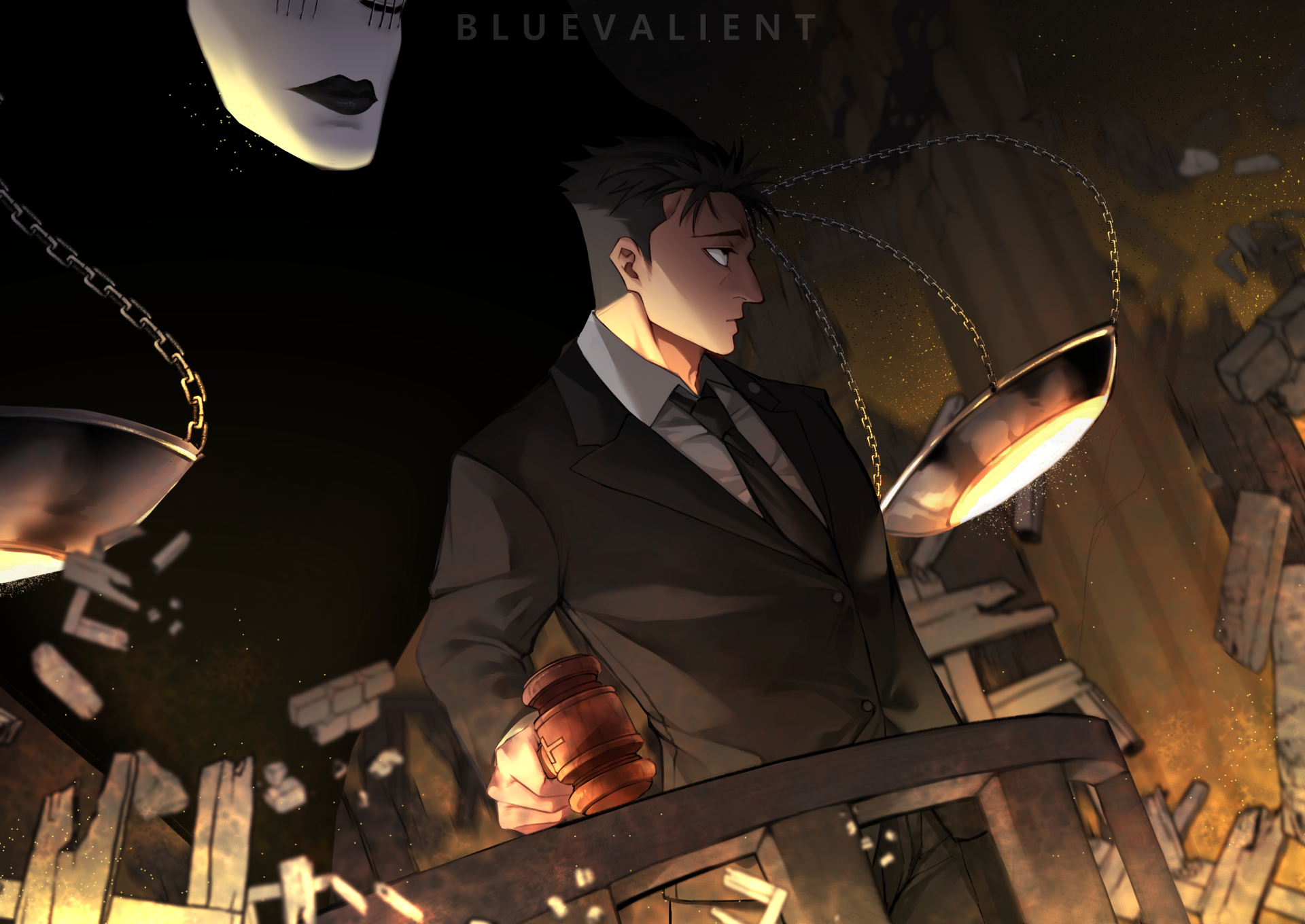 4K Ultra HD PC desktop wallpaper of Hiromi Higuruma from Jujutsu Kaisen 3rd Season — sternly holding a glowing heart beneath hanging scales amid dark, burning ruins.