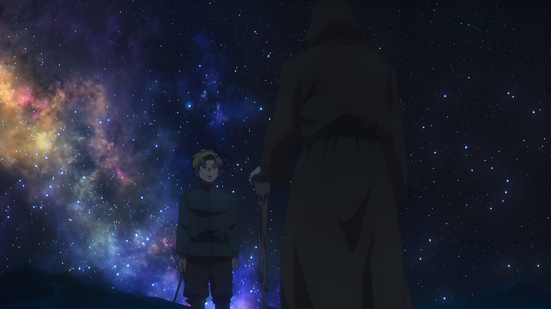 HD anime desktop wallpaper: Rafal and Hubert under a star-filled universe, one holding a glowing orb from Orb: On the Movements of the Earth.