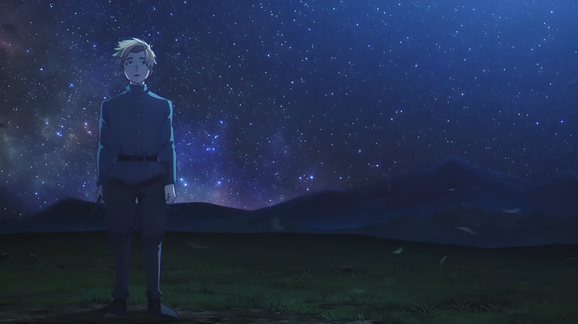 HD PC wallpaper — anime scene: Rafal from Orb: On the Movements of the Earth stands beneath a vast starry night sky and glowing universe.