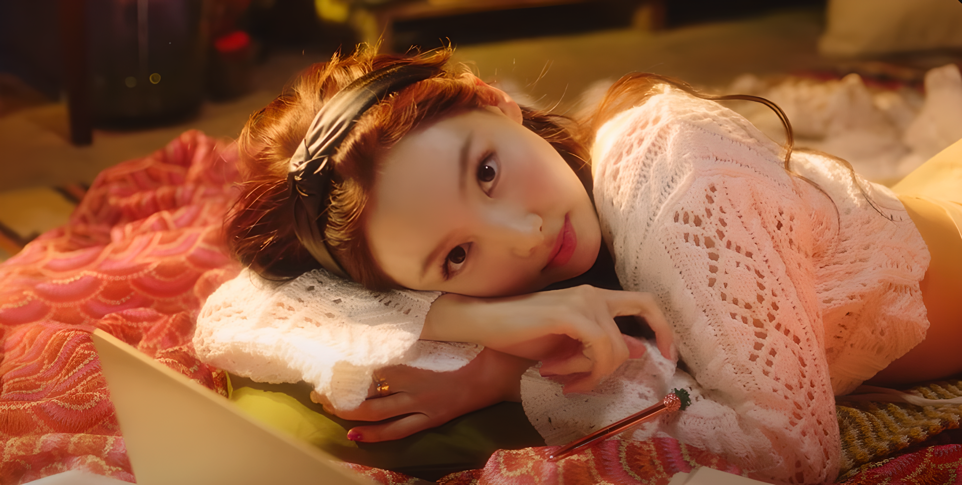 2K Quad HD PC wallpaper of a cute K-pop idol reclining on a bed, head on folded arms, wearing a knit sweater and headband, bathed in warm, cozy lighting.