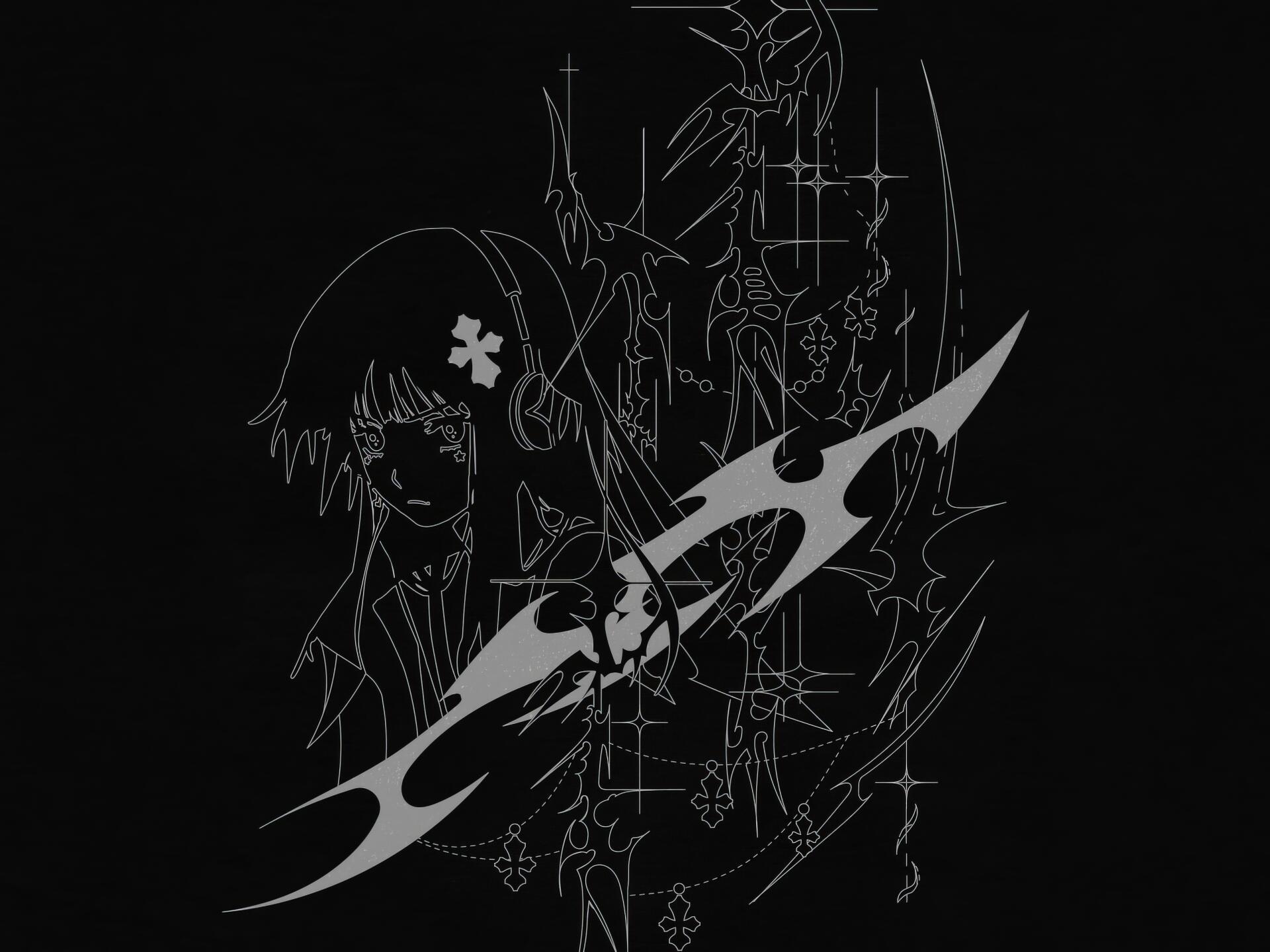 Dark Gothic anime cybersigilism 2K Quad HD PC desktop wallpaper: black background with a gothic girl and a glowing techno-sigil blade over circuit-like motifs.