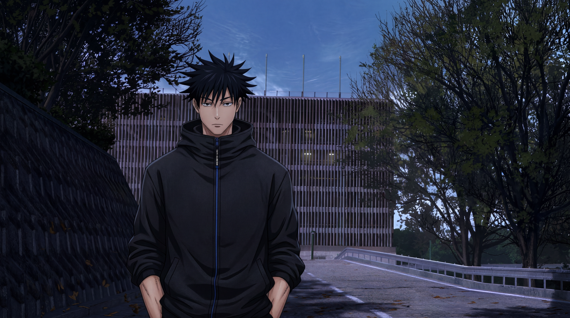 Megumi Fushiguro from Jujutsu Kaisen 3rd Season, dark coat standing on an urban street at dusk — anime city 5K Ultra HD PC desktop wallpaper and background.