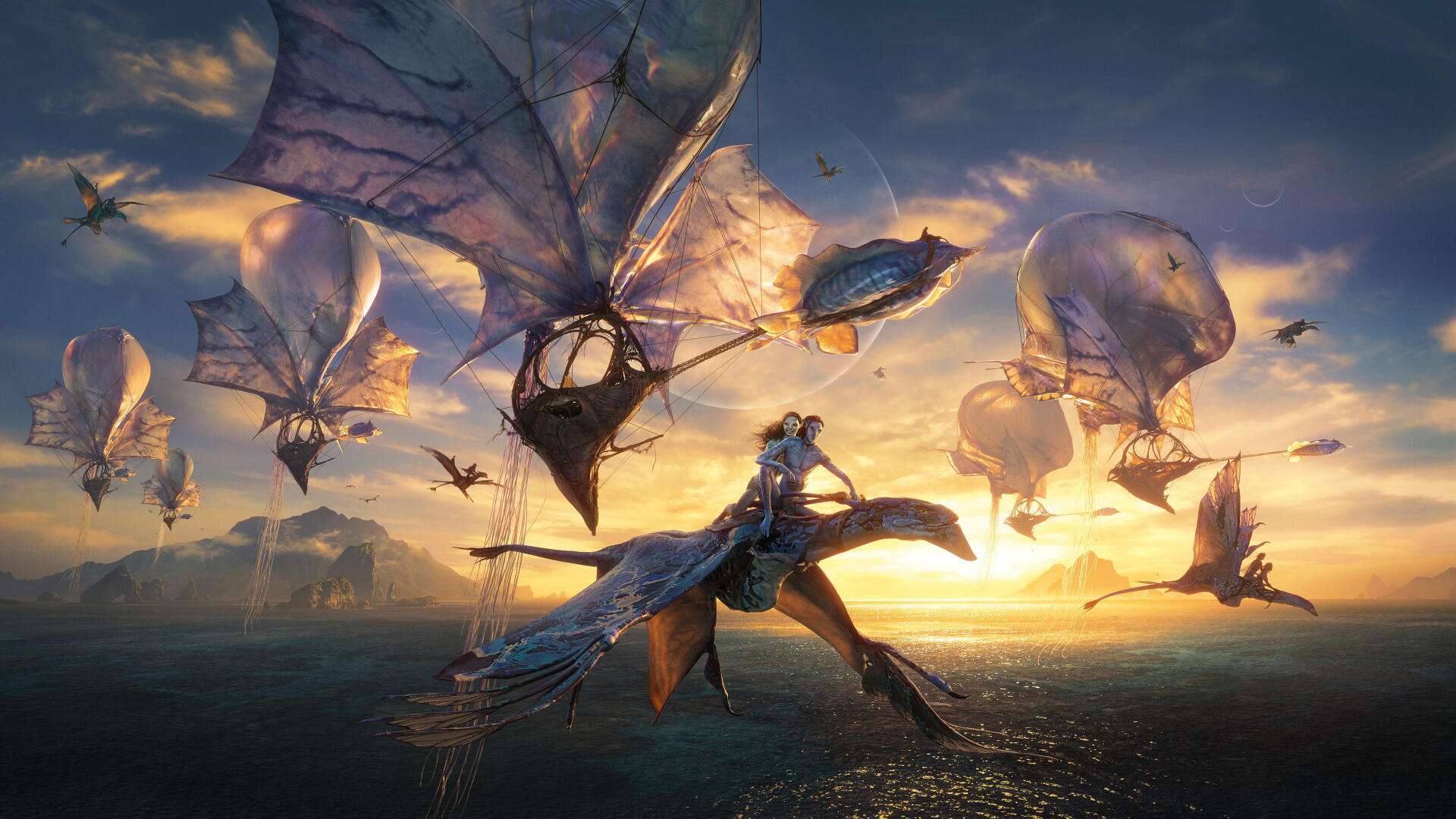 Avatar: Fire and Ash — 4K Ultra HD PC desktop wallpaper and background depicting a rider on a winged creature gliding over a sunlit ocean at sunset among sail-like airborne beasts.