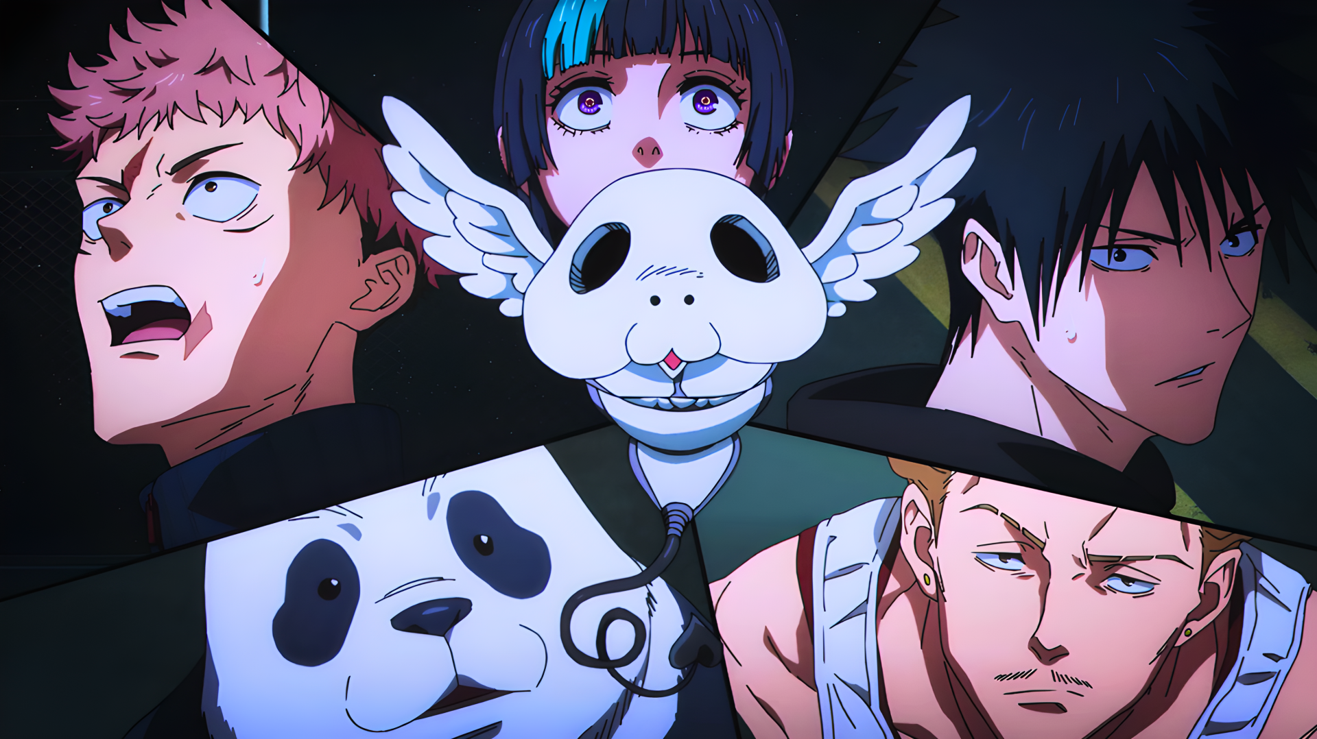 Jujutsu Kaisen 3rd Season anime 4K Ultra HD PC desktop wallpaper: Megumi, Hikari and Panda with a winged panda mask and dramatic close-up portraits