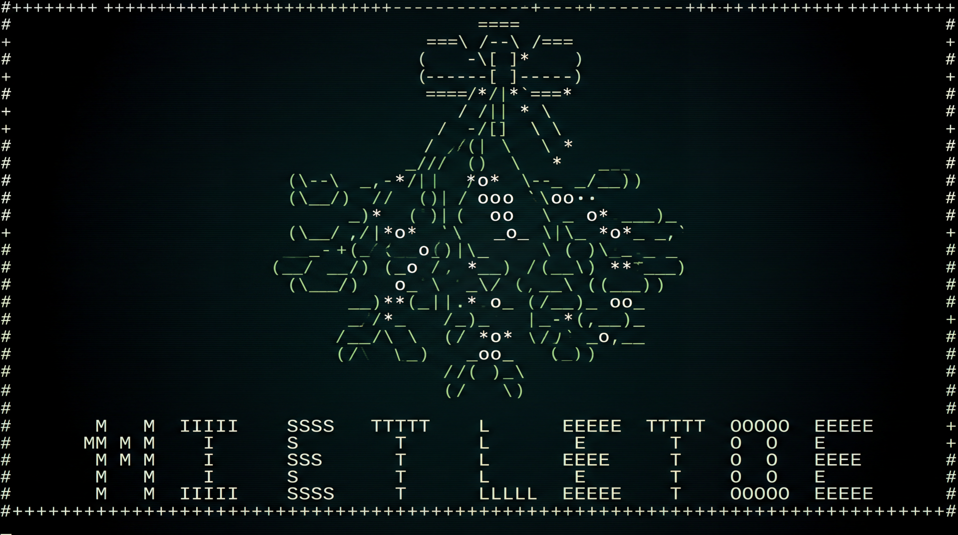5K Ultra HD PC desktop wallpaper and background: dark green field with ASCII-art mistletoe and bow above stylized MERRY XMAS text in glowing green.