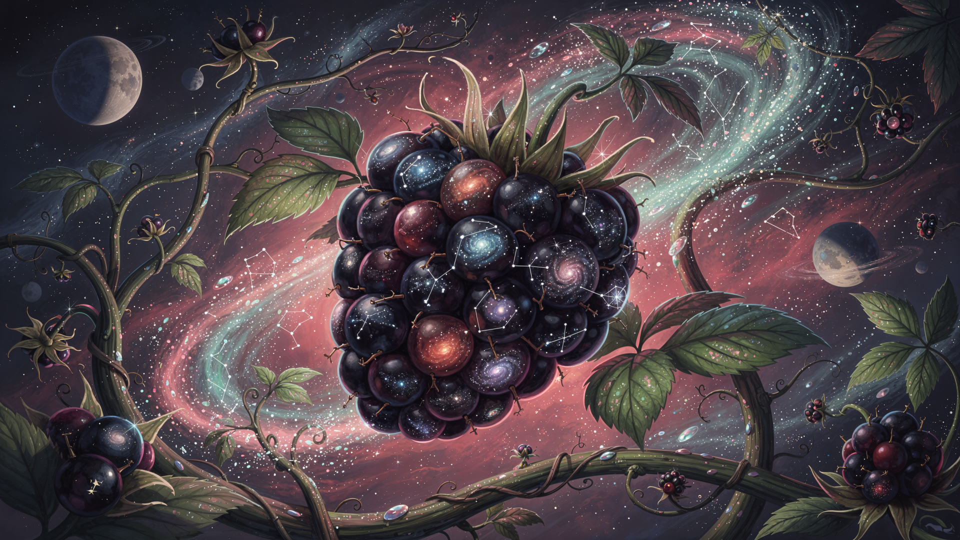 4K Ultra HD PC desktop wallpaper: a luminous blackberry suspended in a swirling cosmic galaxy, surrounded by leaves, vines and distant planets — detailed, otherworldly botanical space scene.