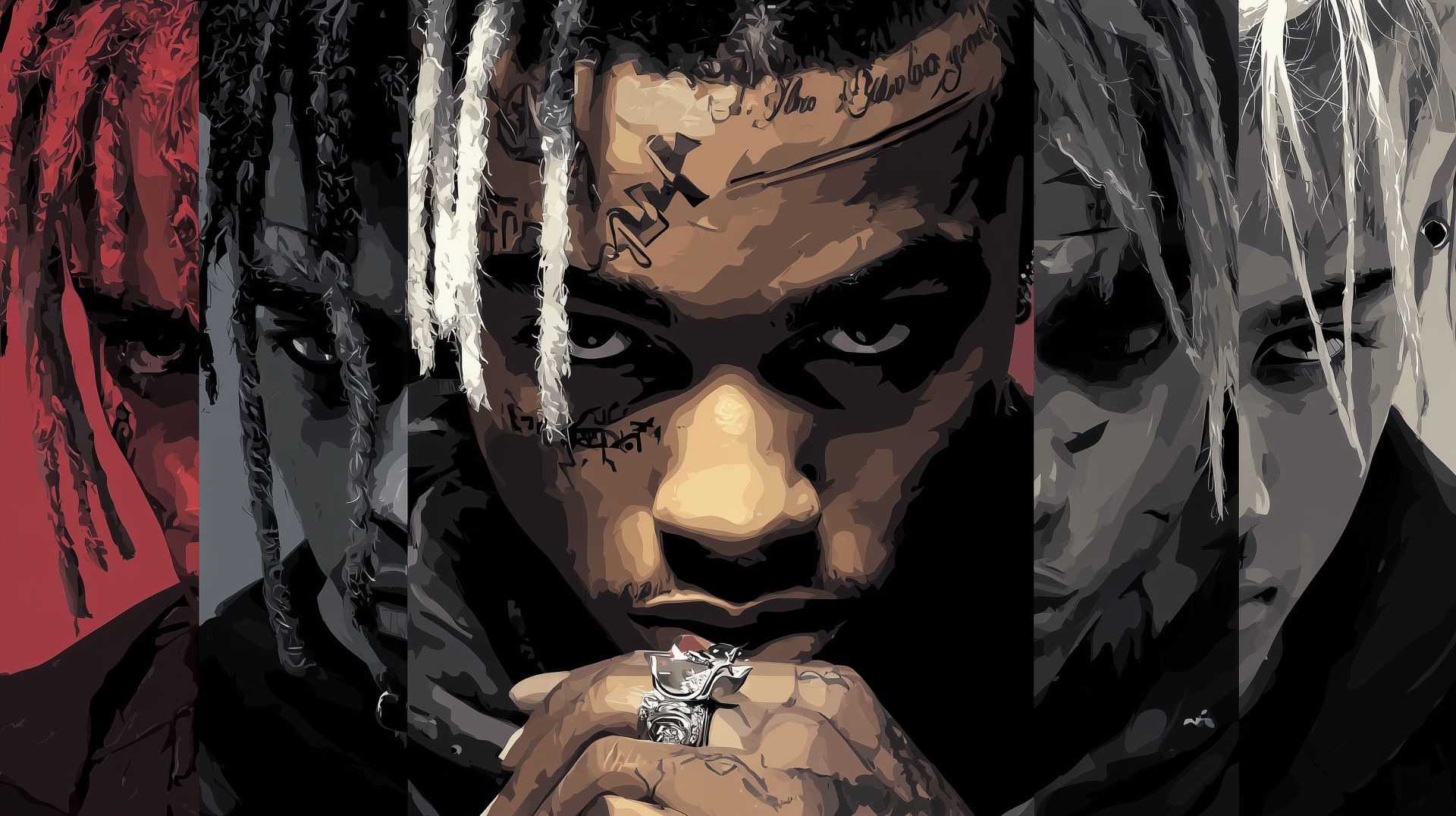 2K Quad HD rap/trap PC wallpaper: stylized, brooding tattooed rapper with split-dyed hair and intense gaze, hands clasped near face.