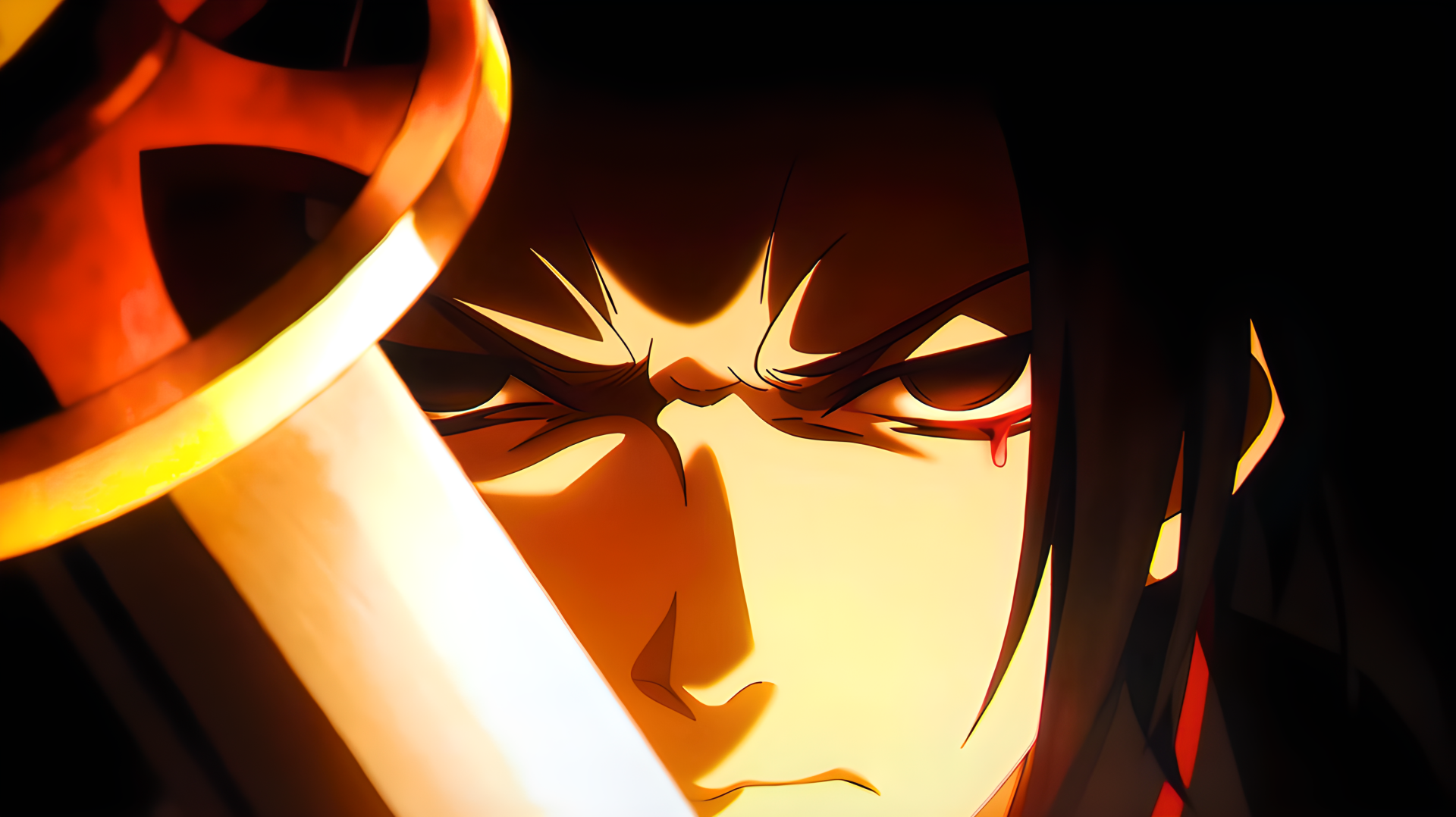 Hell's Paradise anime wallpaper: close-up of Shugen the samurai with blade, intense gaze and blood-red eye detail — 4K Ultra HD PC desktop background.