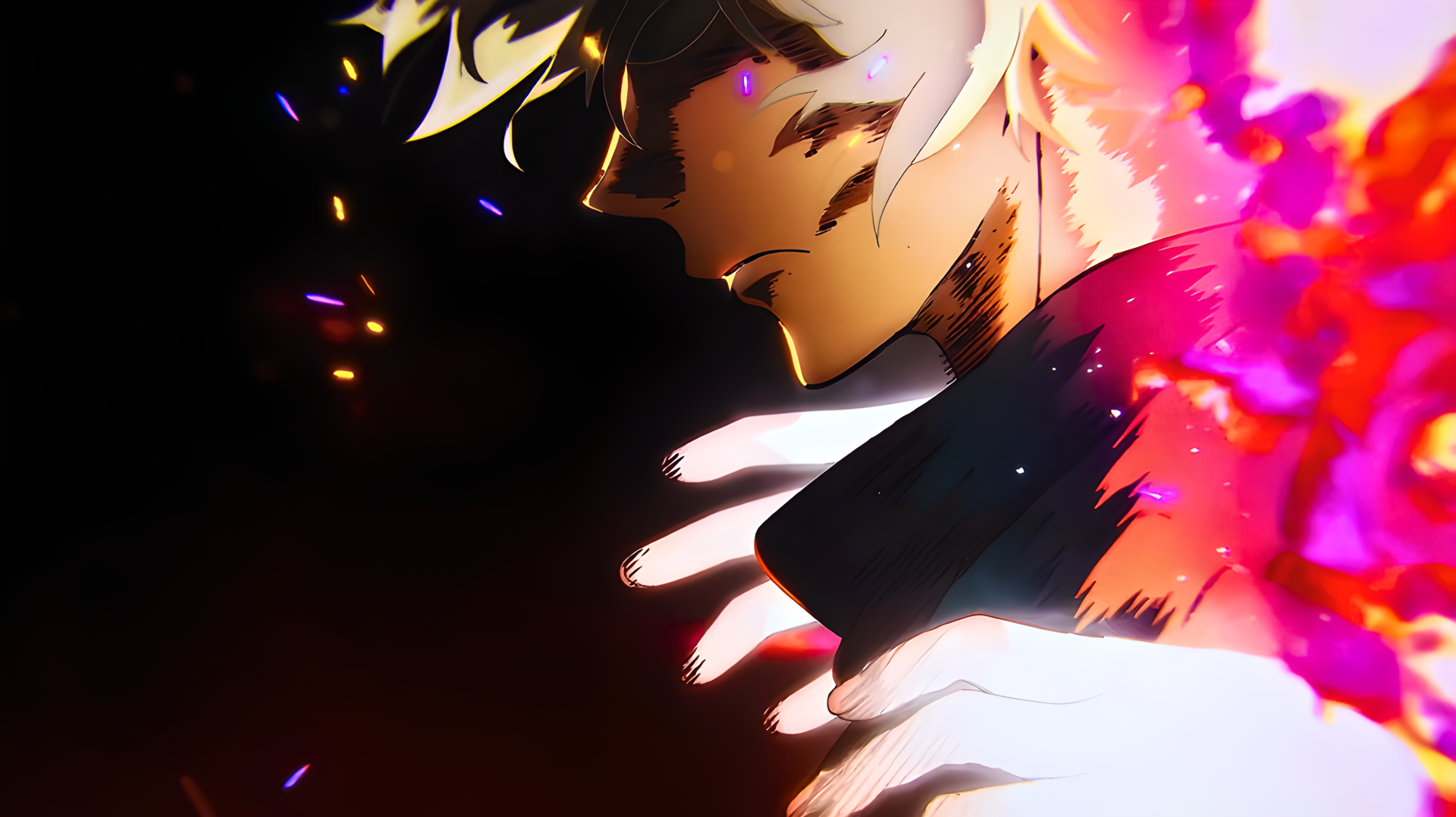 4K Ultra HD anime wallpaper: close-up of Gabimaru (Hell's Paradise) in an intimate embrace, fiery embers and pink-purple energy flaring against a dark background.