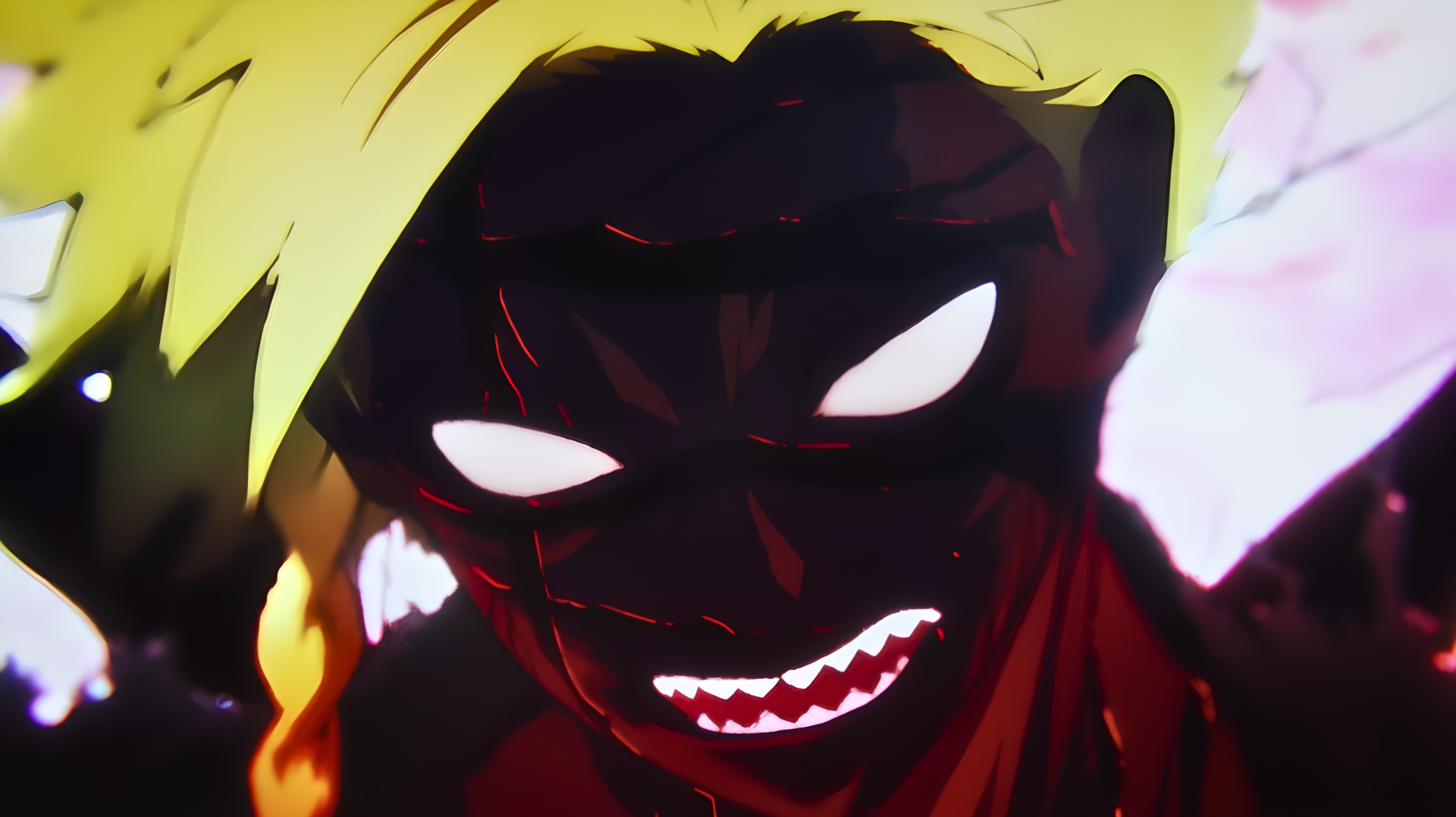 Hell's Paradise — Choubei demon in anime style: glowing white eyes, sharp teeth and dark visage with vivid highlights; 4K Ultra HD PC desktop wallpaper background.