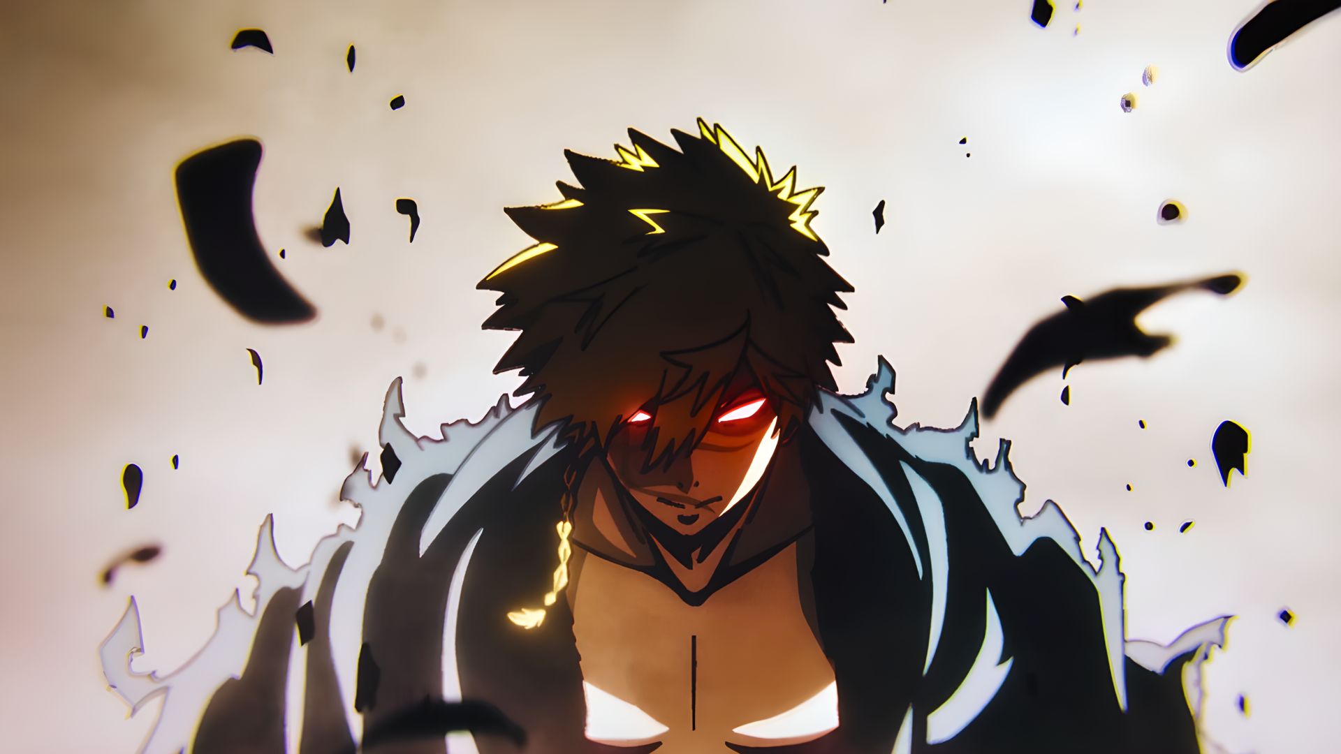 Hell's Paradise Choubei anime 4K Ultra HD PC desktop wallpaper: shadowed, fierce warrior with glowing red eyes, torn cloak, ash and black shards swirling around him.