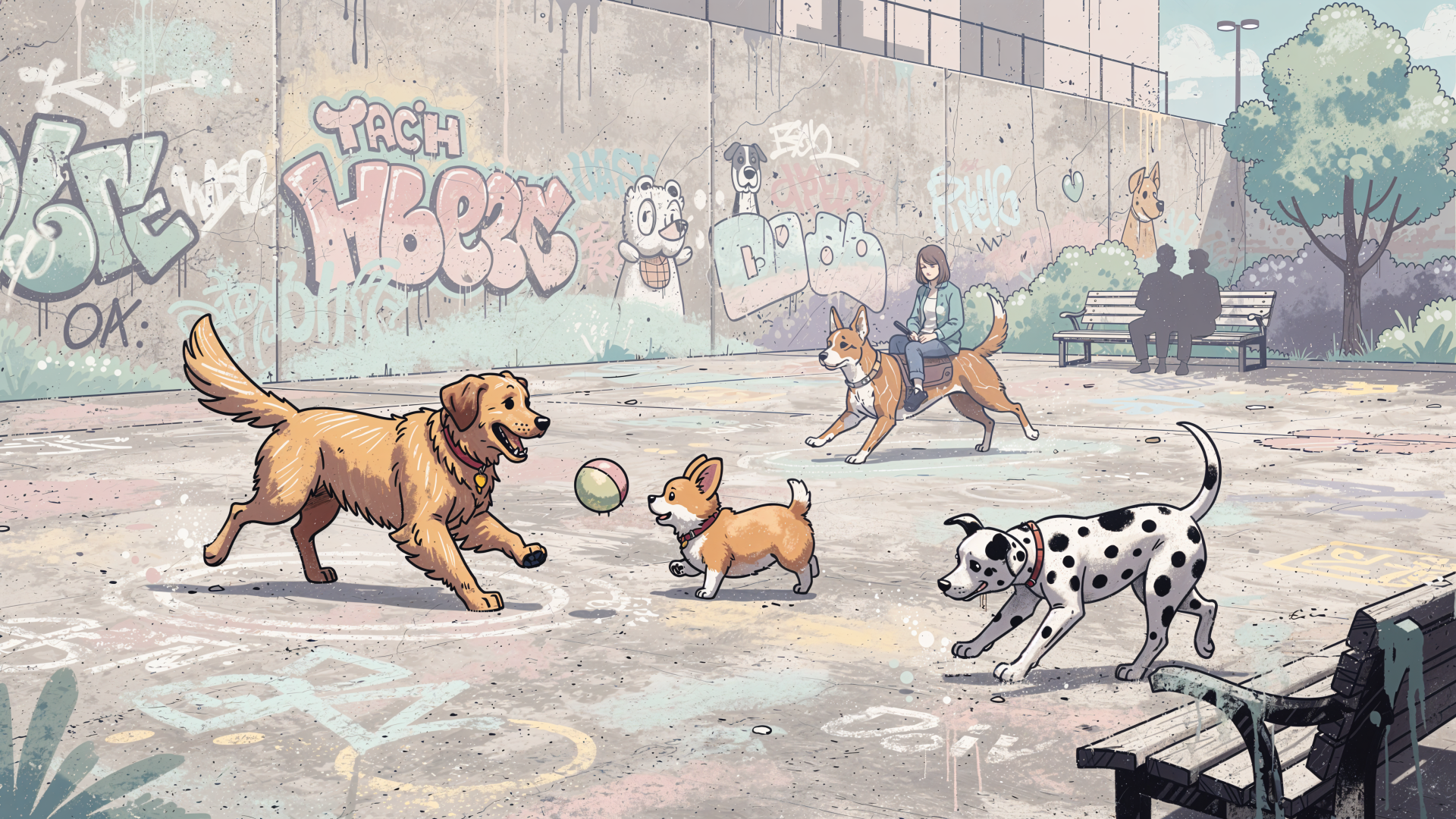 4K Ultra HD PC desktop wallpaper and background: playful dogs — golden retriever, corgi, Dalmatian — chase a ball in a graffiti‑lined urban dog park, people on benches.