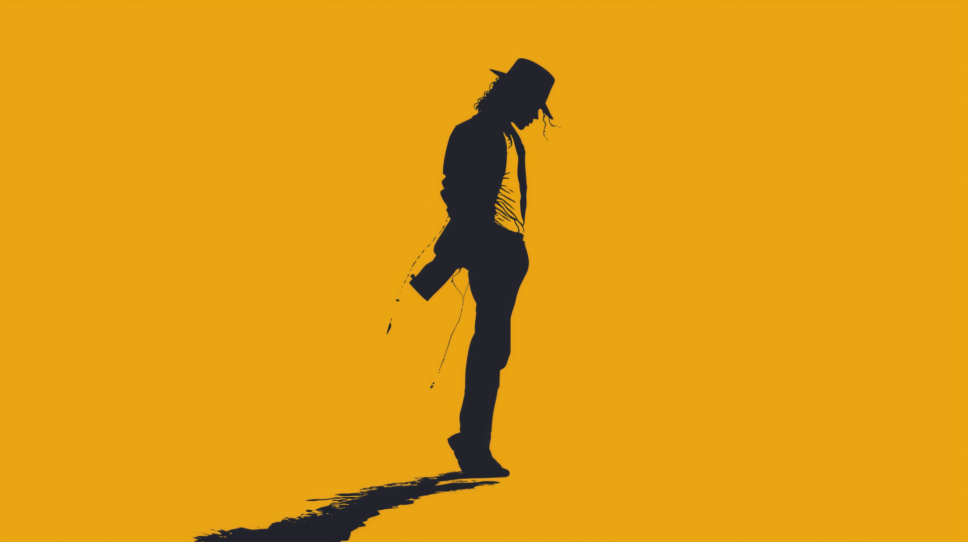 Minimalist yellow 2K Quad HD desktop wallpaper: black silhouette of a fedora-wearing dancer tipping a hat in a classic pop pose, casting a long shadow.