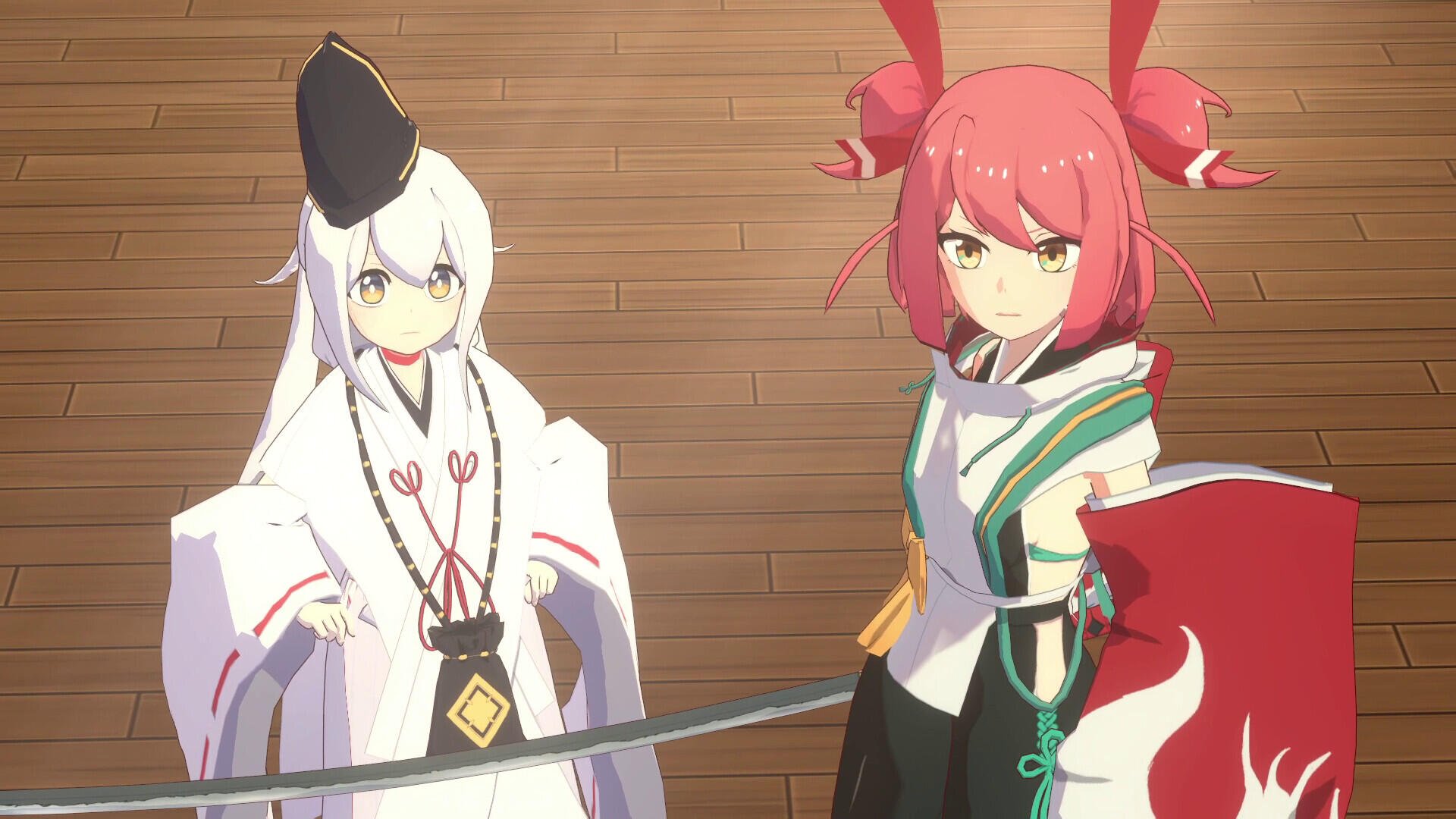 HD PC desktop wallpaper of Homura Hime (video game), showing two stylized heroines: a white-robed priestess and a pink-haired swordswoman standing on a wooden floor.