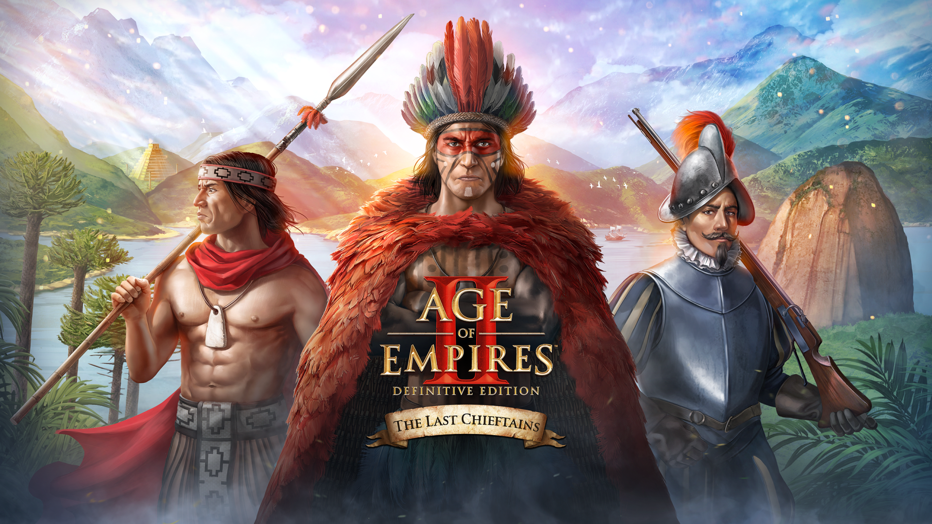 2K Quad HD PC desktop wallpaper — Age of Empires II HD strategy game art: three leaders (tribal chief, spear warrior, armored conquistador) set against a mountainous frontier with the Age of Empires logo.