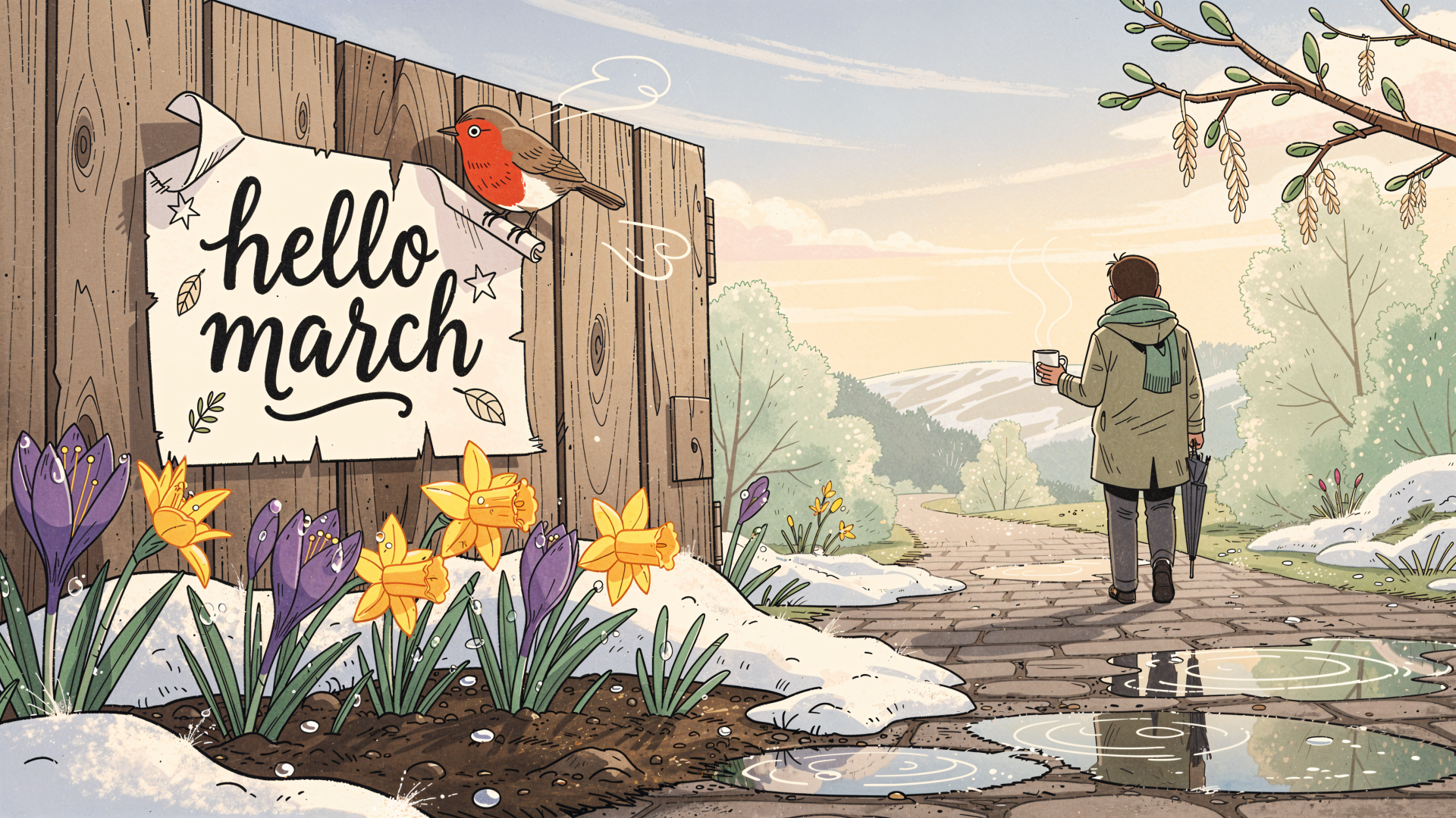 4K Ultra HD PC desktop wallpaper and background: illustrated spring path with a wooden sign reading hello march, a robin, daffodils and crocuses, melting snow, and a person walking with a mug.