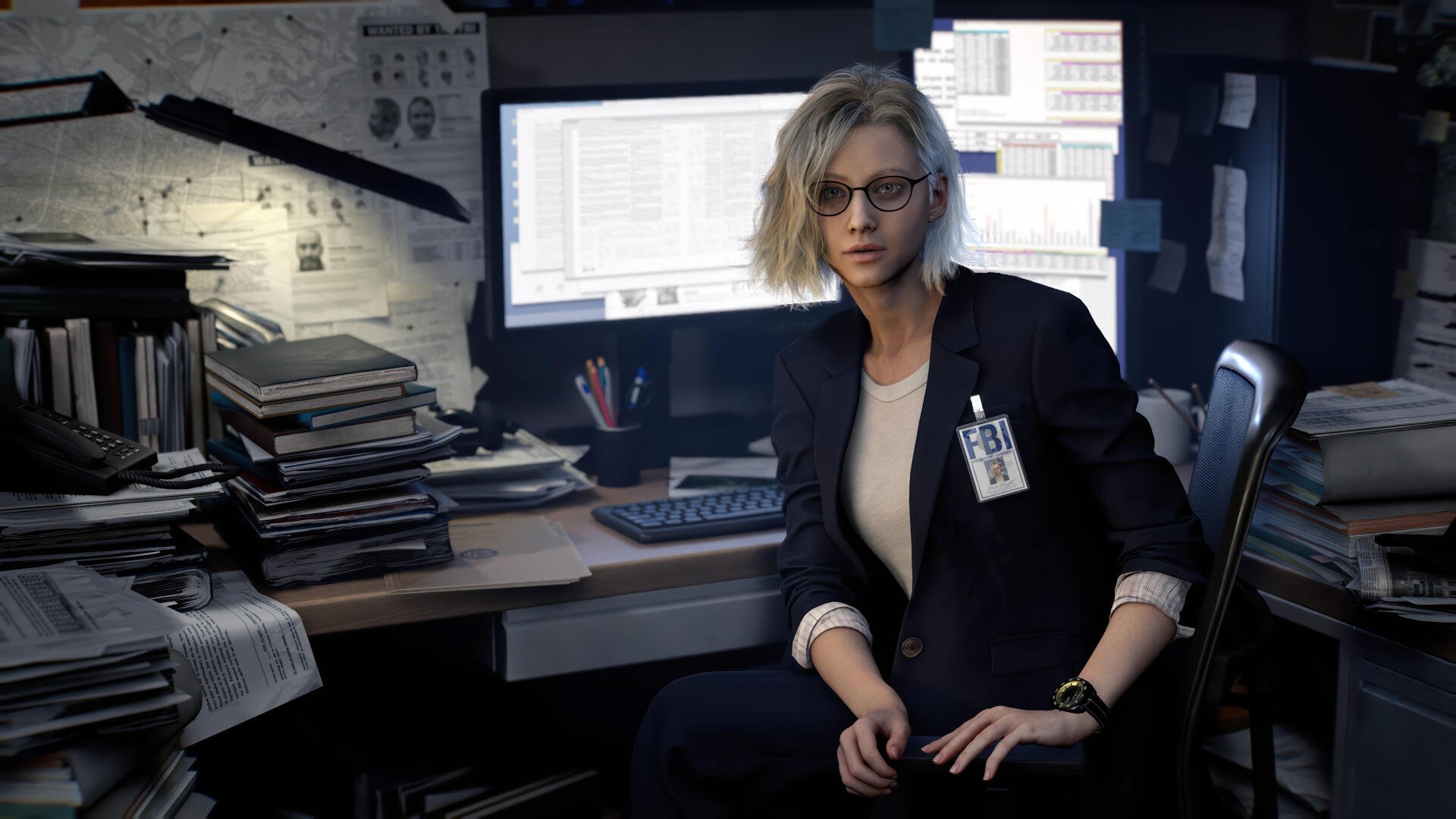 4K Ultra HD PC desktop wallpaper of Grace Ashcroft from the video game Resident Evil Requiem, a bespectacled agent in a blazer seated in a dim, cluttered office before glowing monitors.