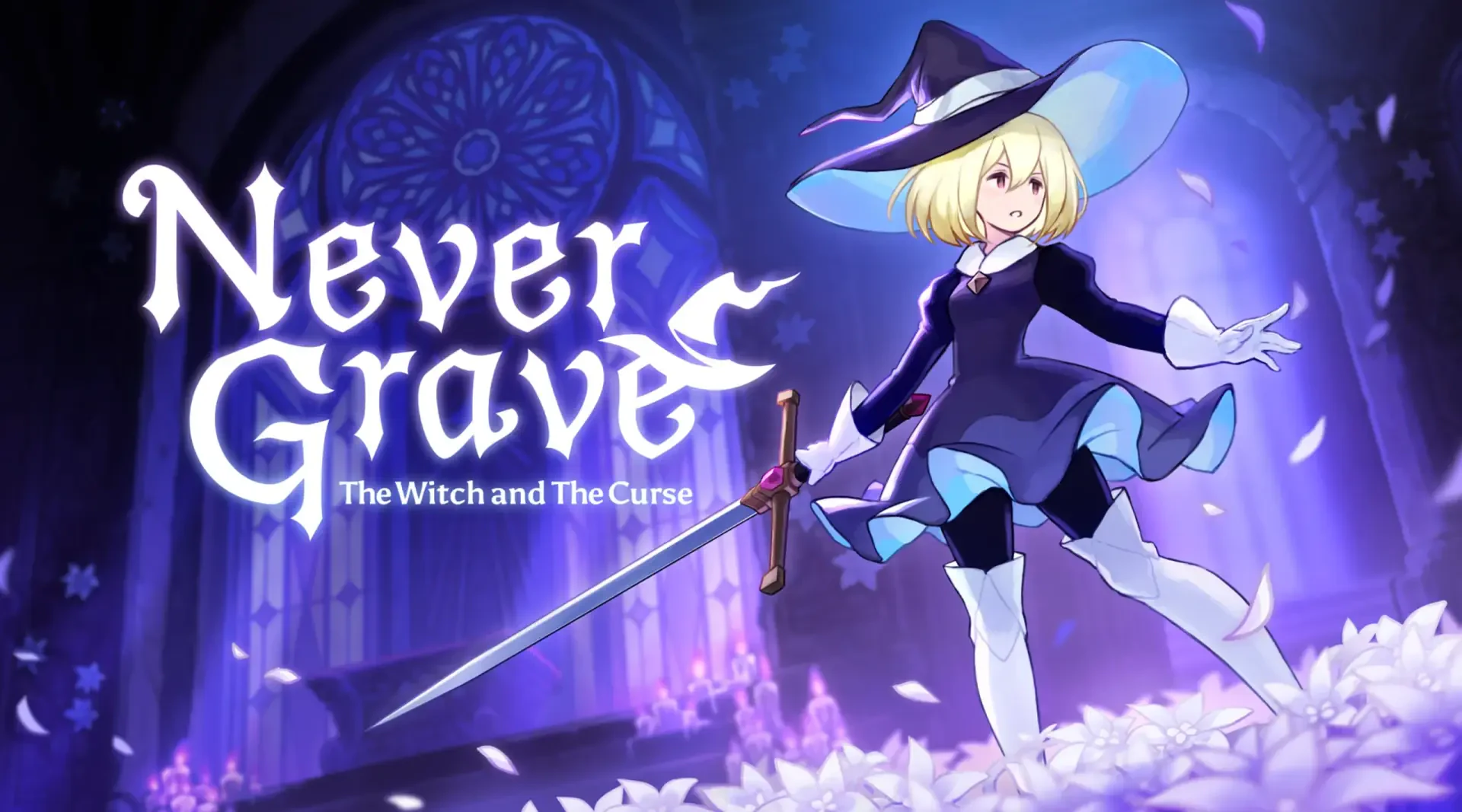 HD PC desktop wallpaper for video game Never Grave: The Witch and The Curse — blonde witch in blue hat and dress with sword in a glowing cathedral amid falling petals