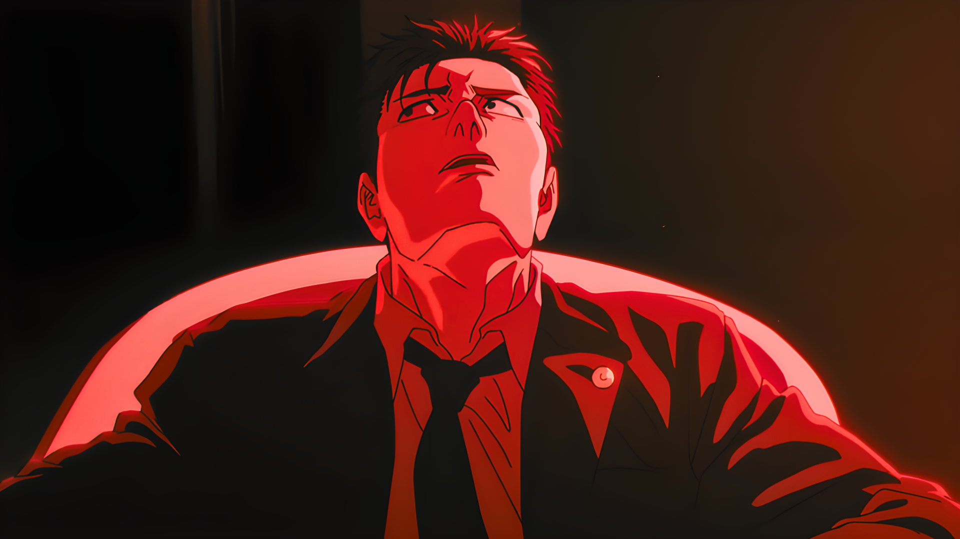 Hiromi Higuruma (Jujutsu Kaisen 3rd Season) — red-lit close-up of the protagonist staring upward. 4K Ultra HD PC desktop wallpaper/background.