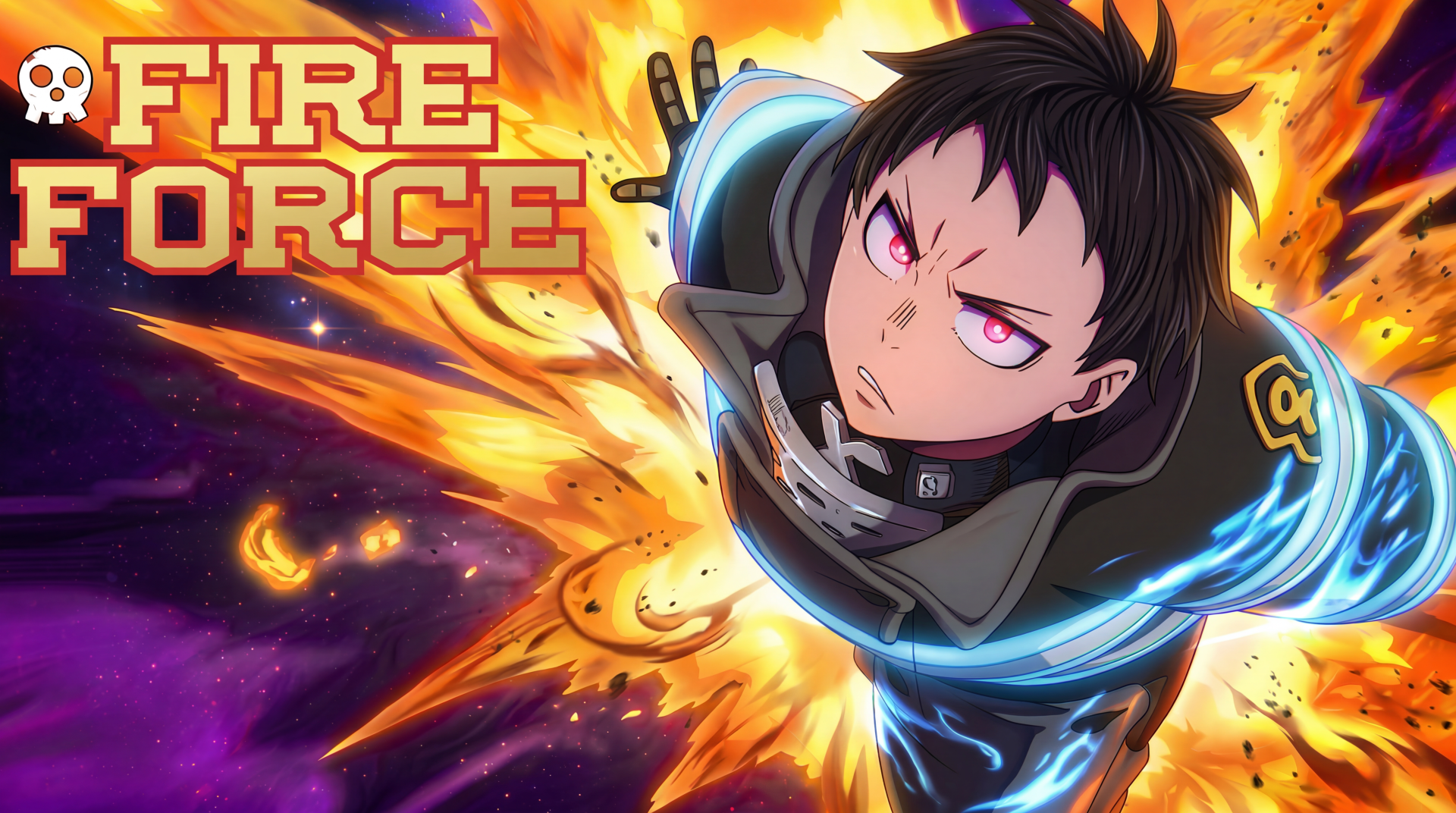 5K Ultra HD PC desktop wallpaper: Shinra Kusakabe from the anime Fire Force blasting through roaring flames with a glowing skull motif in the background.
