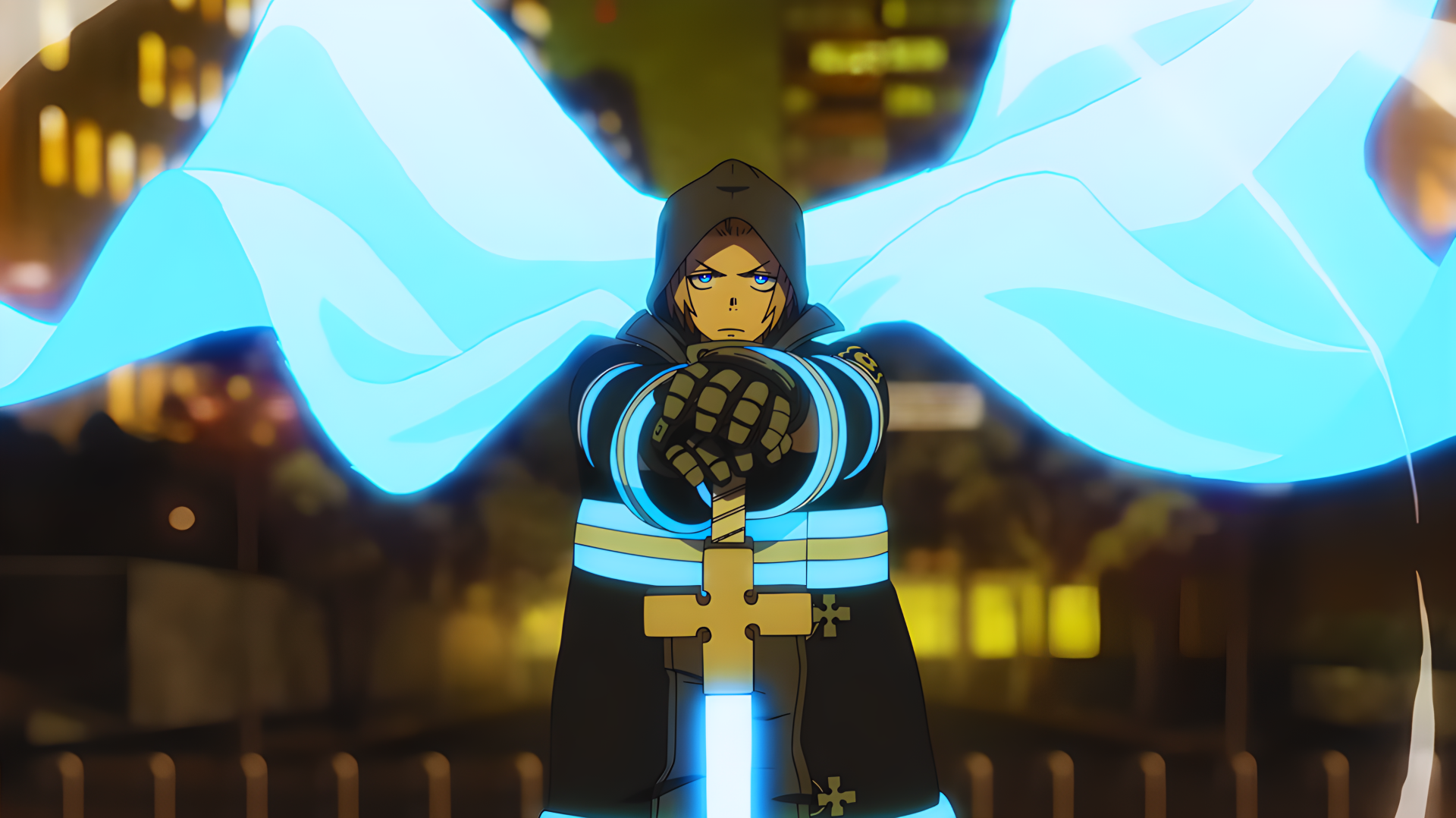 Fire Force anime knight in glowing coat and flowing cape, gripping a luminous sword — 4K Ultra HD PC desktop wallpaper background.
