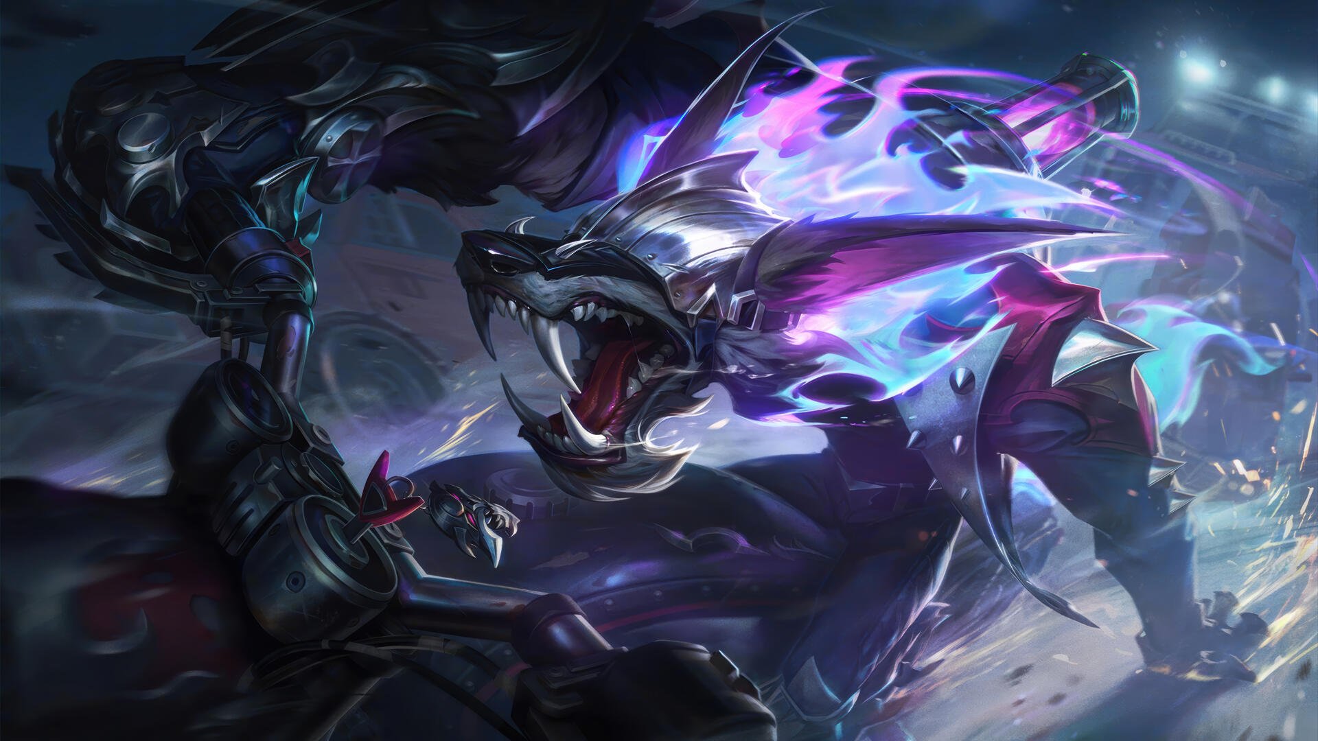 8K Ultra HD PC desktop MOBA wallpaper of Warwick (League of Legends): a feral, armored wolf-like hunter lunging, mouth open, surrounded by purple-blue spectral energy.