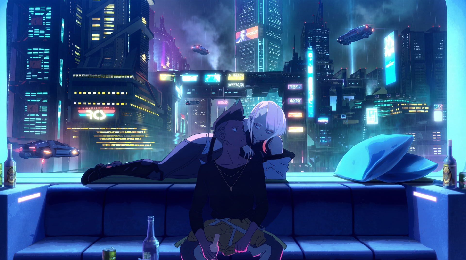 5K Ultra HD PC wallpaper: Lucy and David from Cyberpunk: Edgerunners embrace on a rooftop sofa, neon anime cityscape with towering skyscrapers and flying cars.