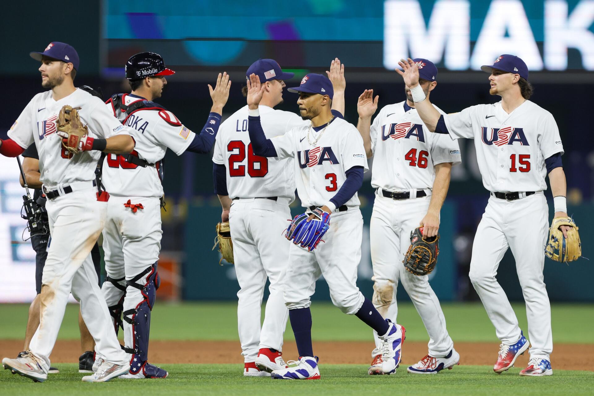 World Baseball Classic — USA Baseball team celebrates on the field in white uniforms, high-fiving teammates; 2K Quad HD PC desktop wallpaper background, baseball sports image.