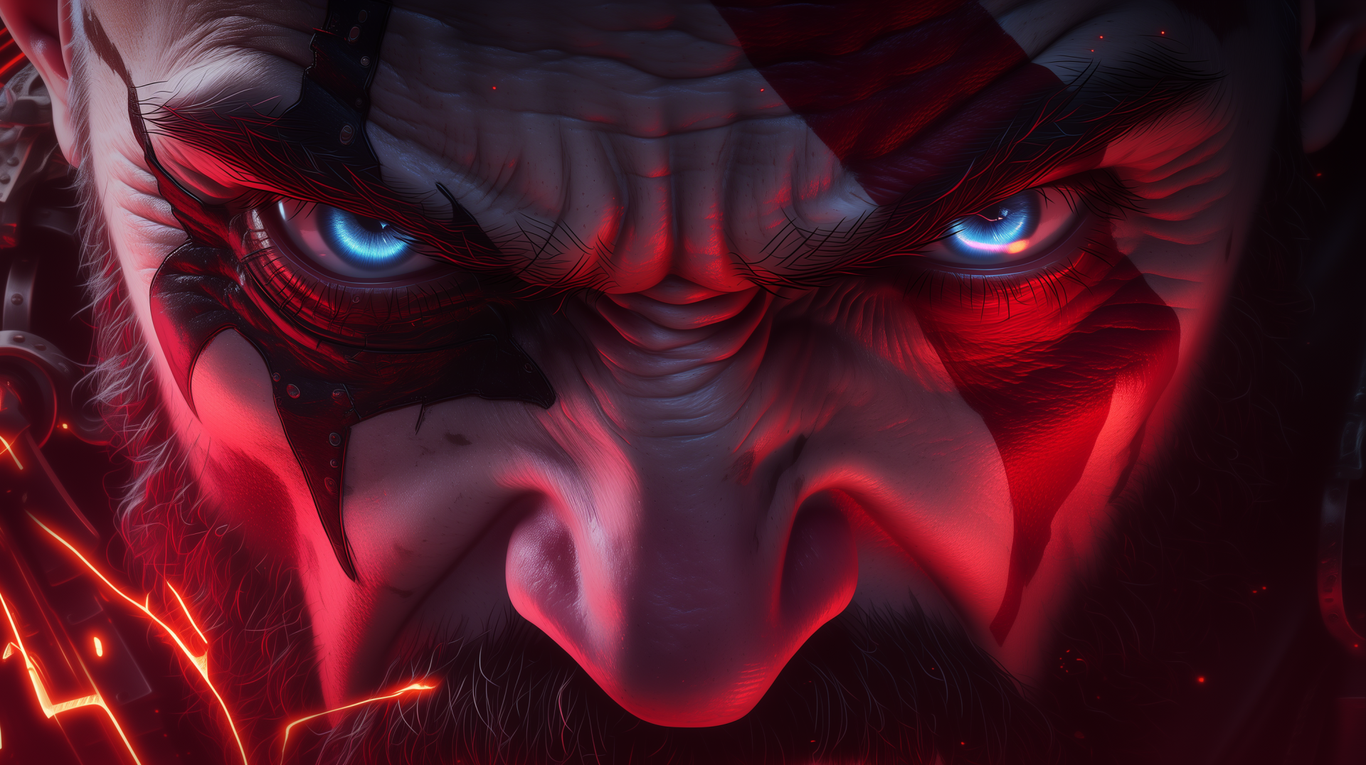 Video game close-up of Kratos from God of War—angry, warpaint-streaked face with glowing blue eyes and red lighting; 2K Quad HD PC desktop wallpaper evoking raw rage.