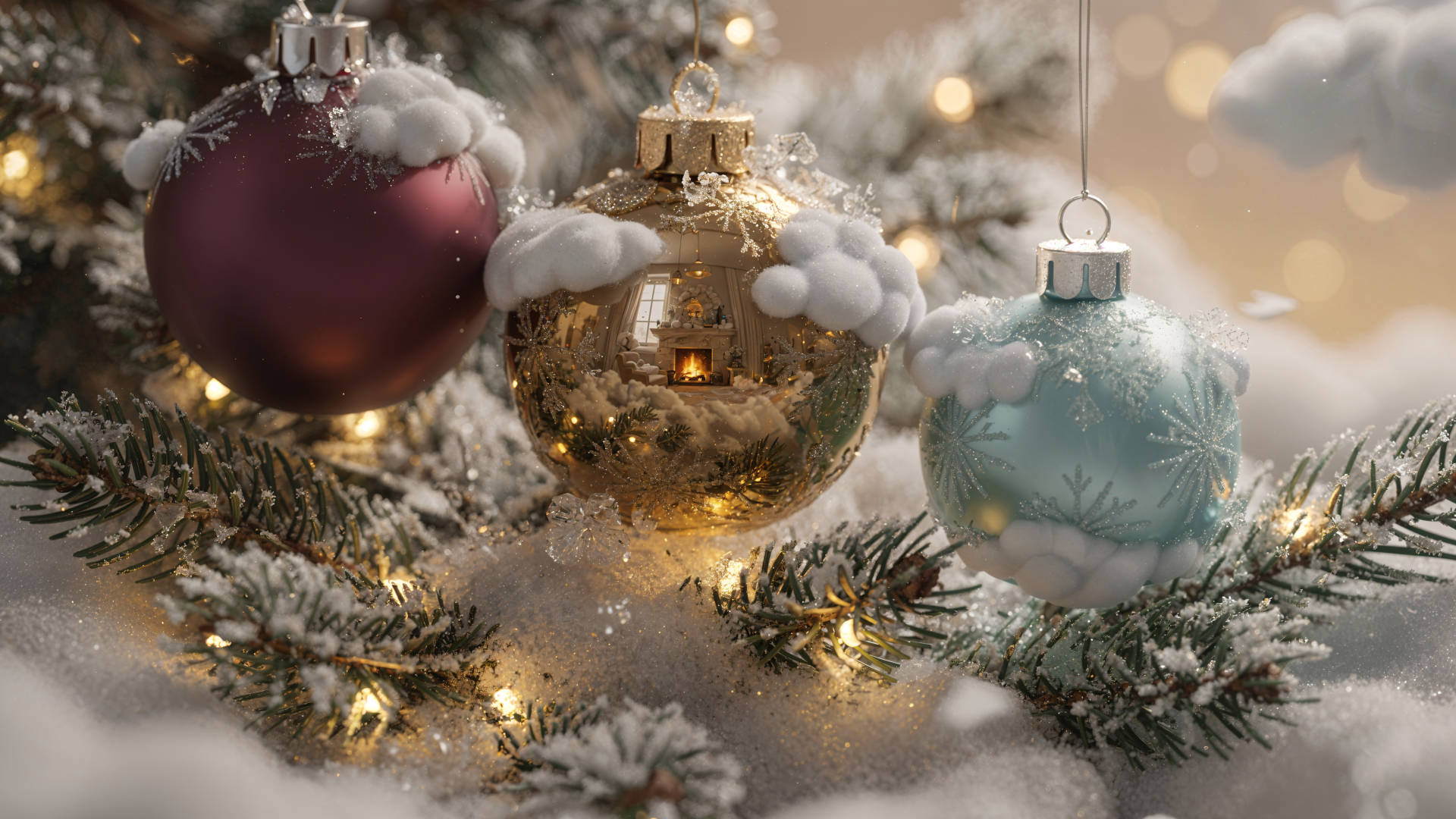 Frosted red, gold and blue baubles hanging on snowy pine with warm bokeh lights — 4K Ultra HD PC desktop wallpaper and background.