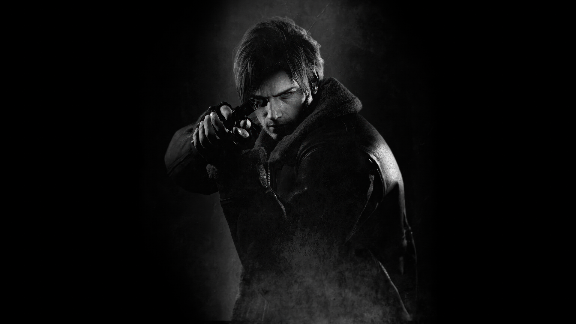 4K Ultra HD PC desktop wallpaper: Resident Evil Requiem protagonist in shadow, aiming a handgun toward viewer, smoky high-contrast black-and-white atmosphere.